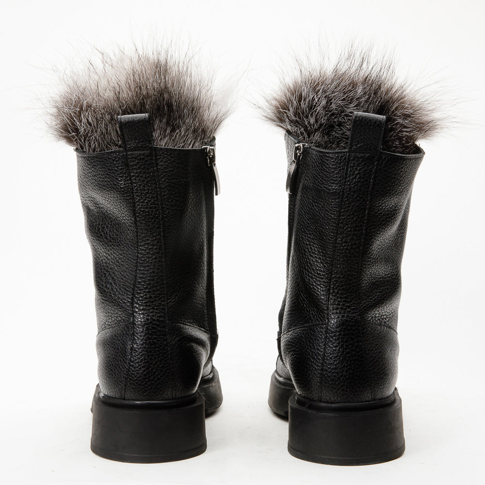The Kajapati Black Leather Natural Fur Mid Calf Boot - Vinci Leather