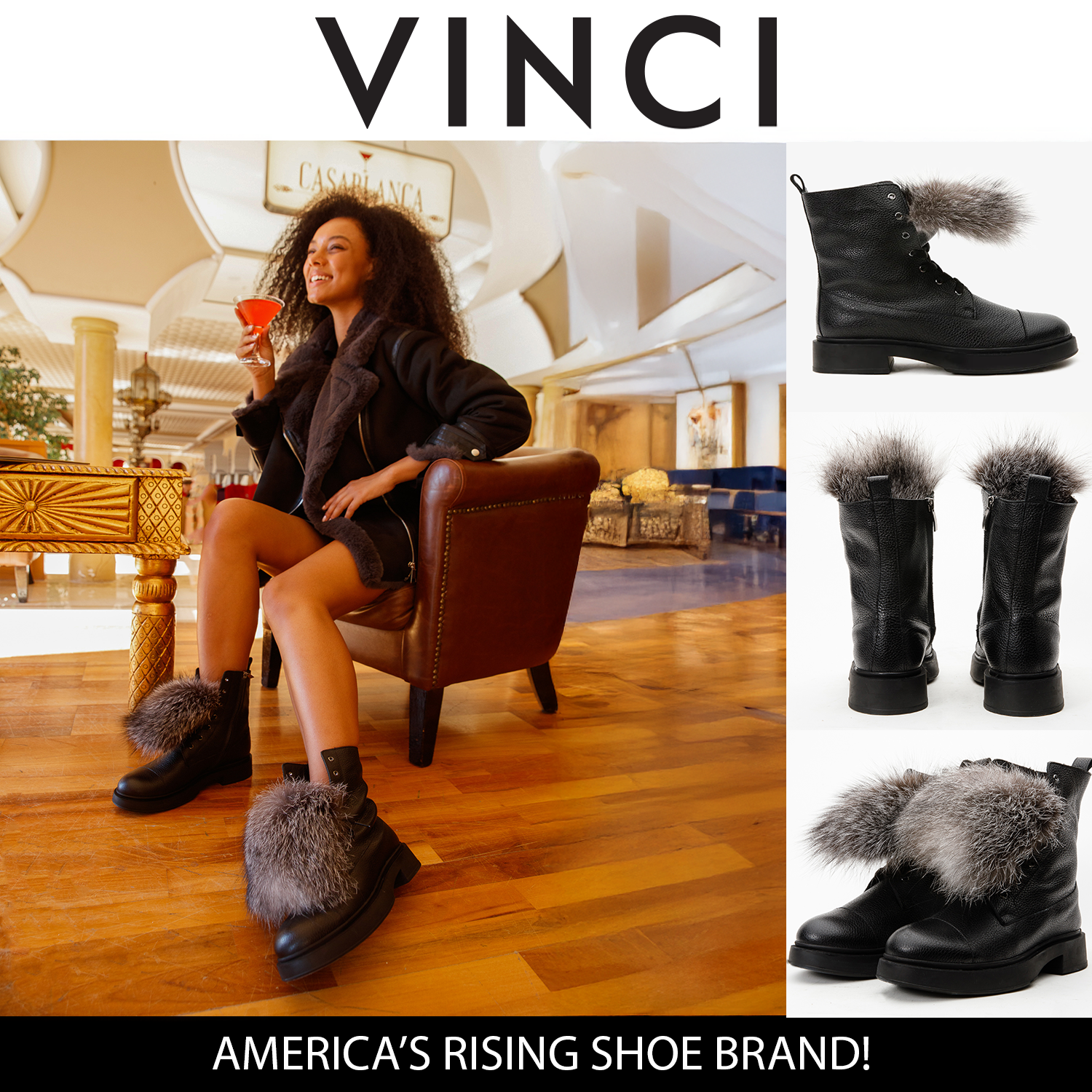 The Kajapati Black Leather Natural Fur Mid Calf Boot - Vinci Leather