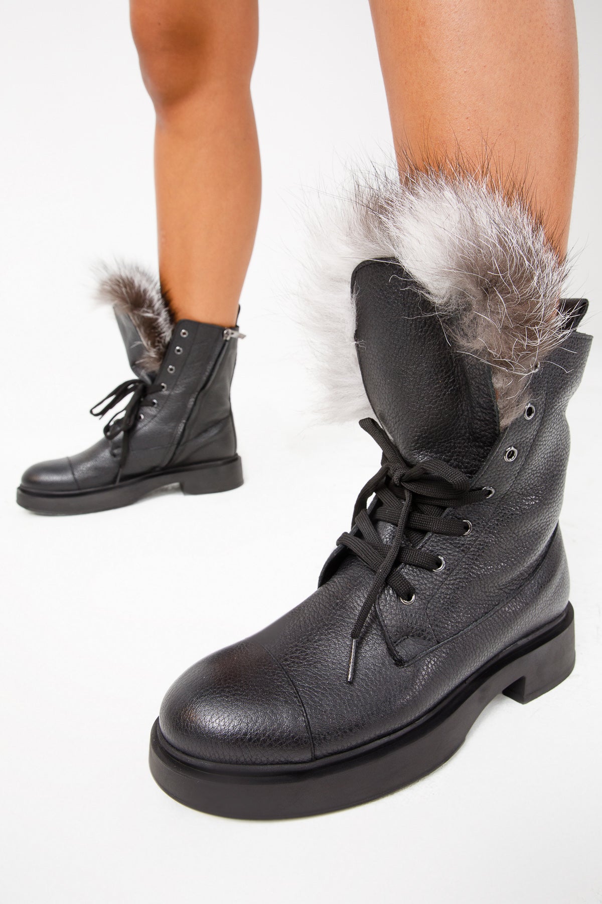 The Kajapati Black Leather Natural Fur Mid Calf Boot - Vinci Leather
