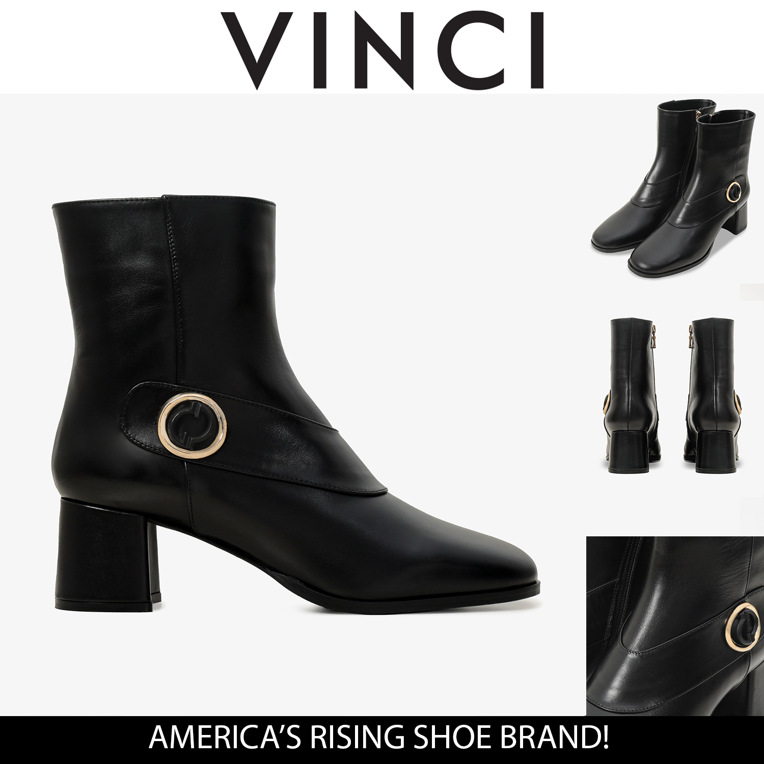 The Windsor Black Leather Block Heel Boot - Vinci Leather