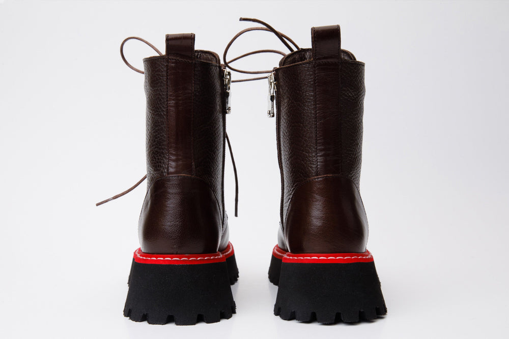 The Yildiz Brown Leather Lace-Up Ankle  Boot With a Side Zipper - Vinci Leather