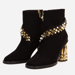 The Metal Black Suede Leather Block Heel Boot - Vinci Leather