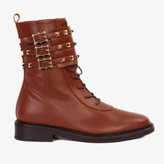 The Doncaster Brown Leather Lace-Up Mid Calf Boot With a Side Zipper - Vinci Leather