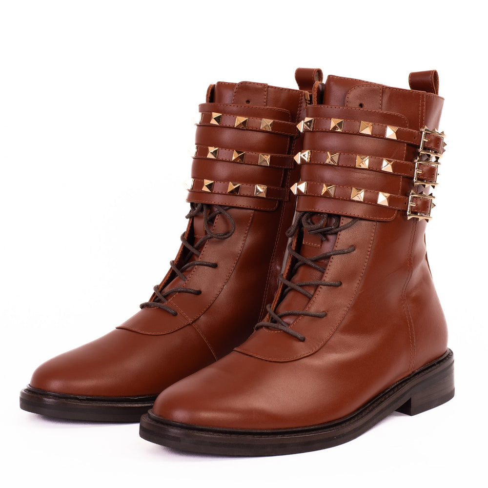 The Doncaster Brown Leather Lace-Up Mid Calf Boot With a Side Zipper - Vinci Leather