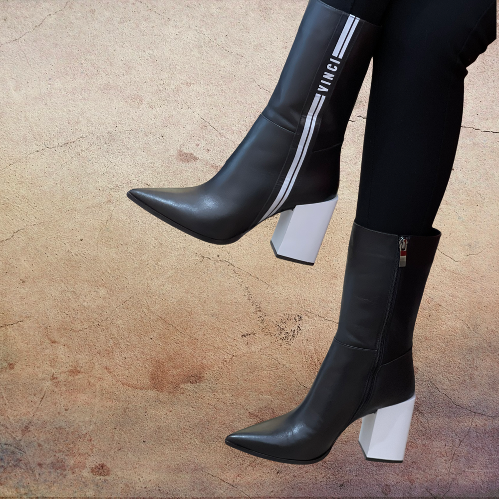 The Loretto Black Leather Block Heel Mid Calf Boot - Vinci Leather