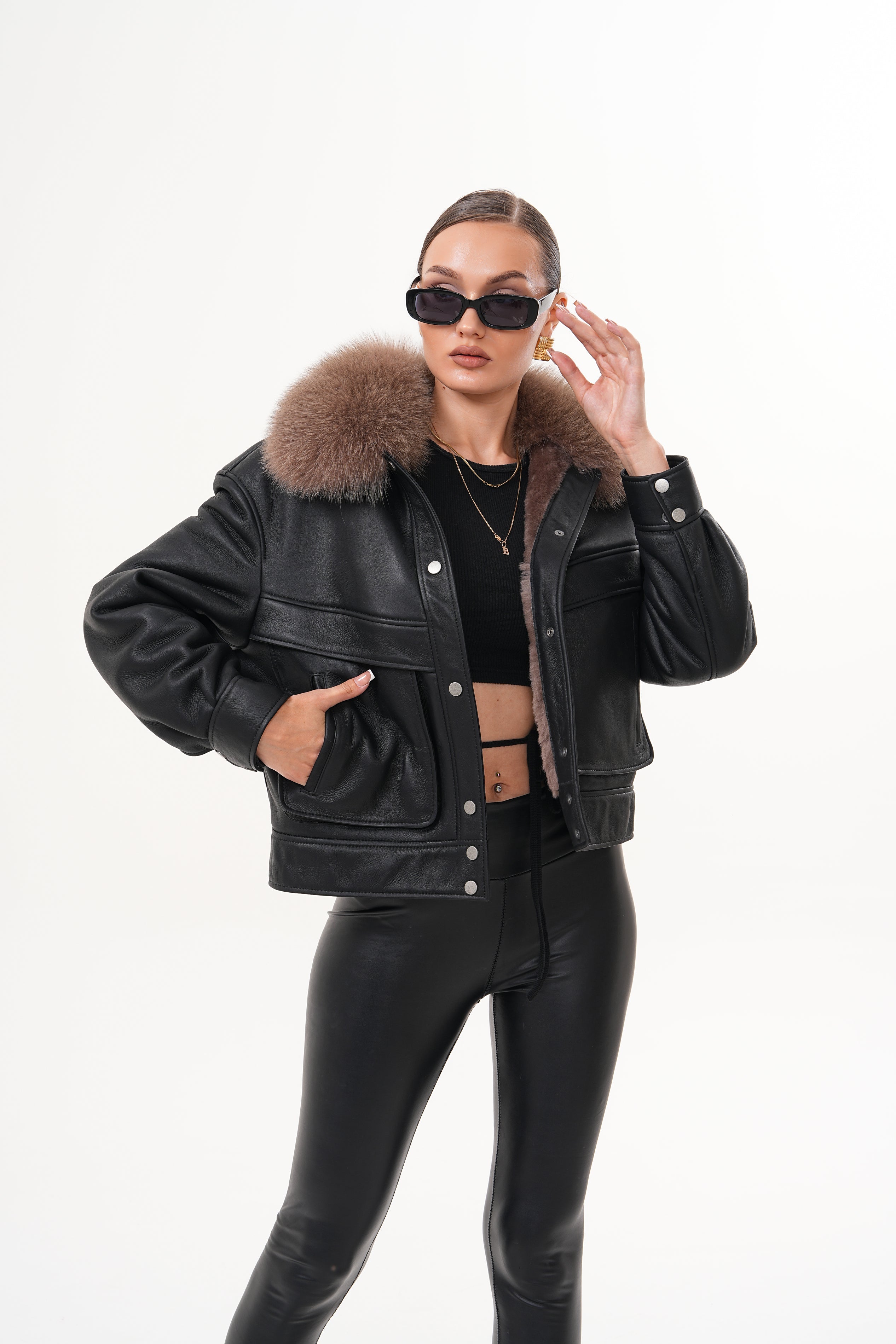The Auretta Brown Collar Shearling Leather Jacket - Vinci Leather