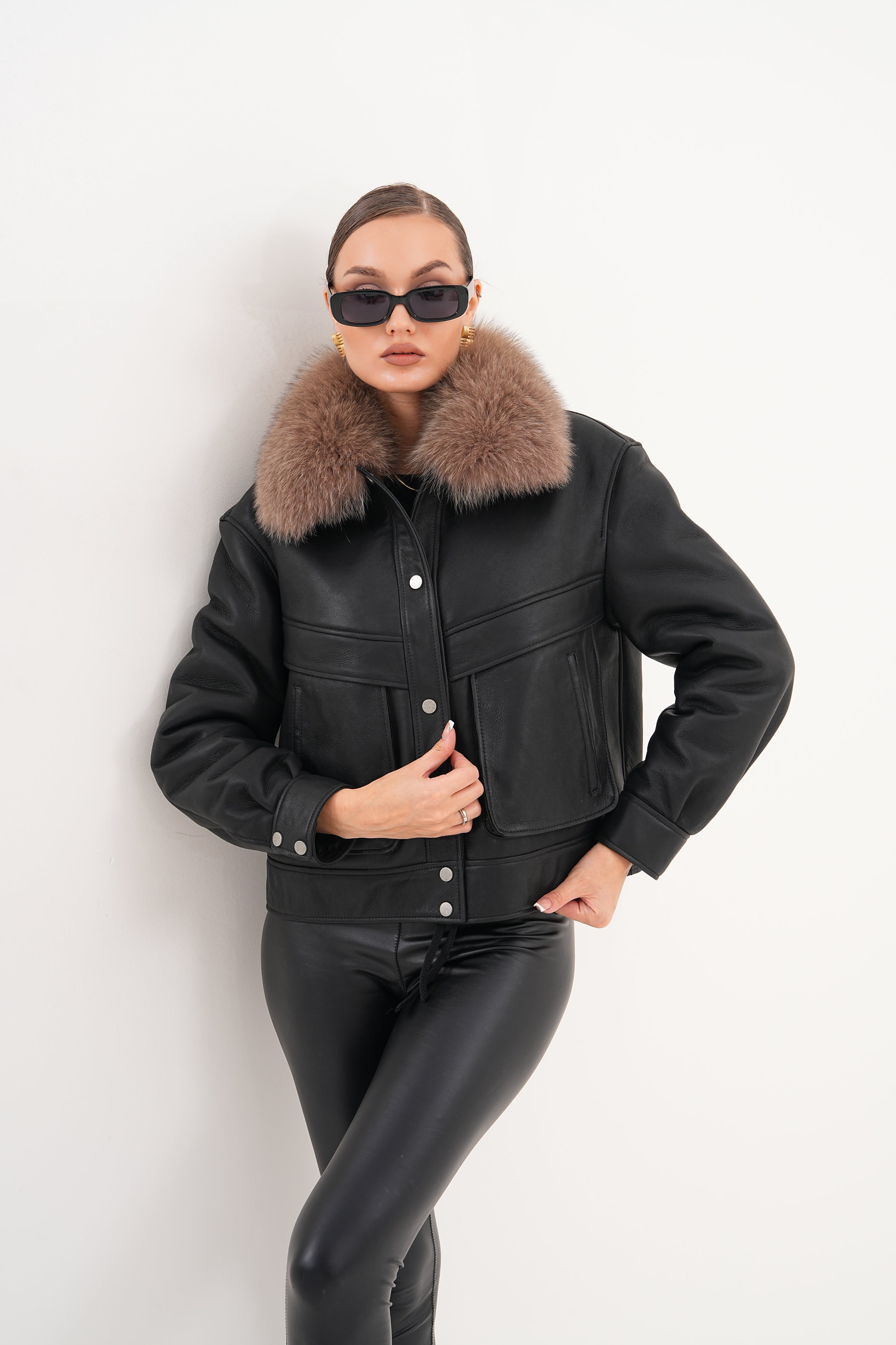The Auretta Brown Collar Shearling Leather Jacket - Vinci Leather