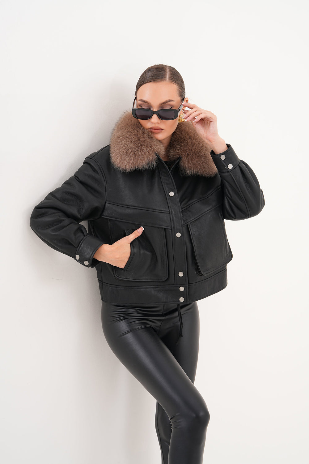 The Auretta Brown Collar Shearling Leather Jacket - Vinci Leather