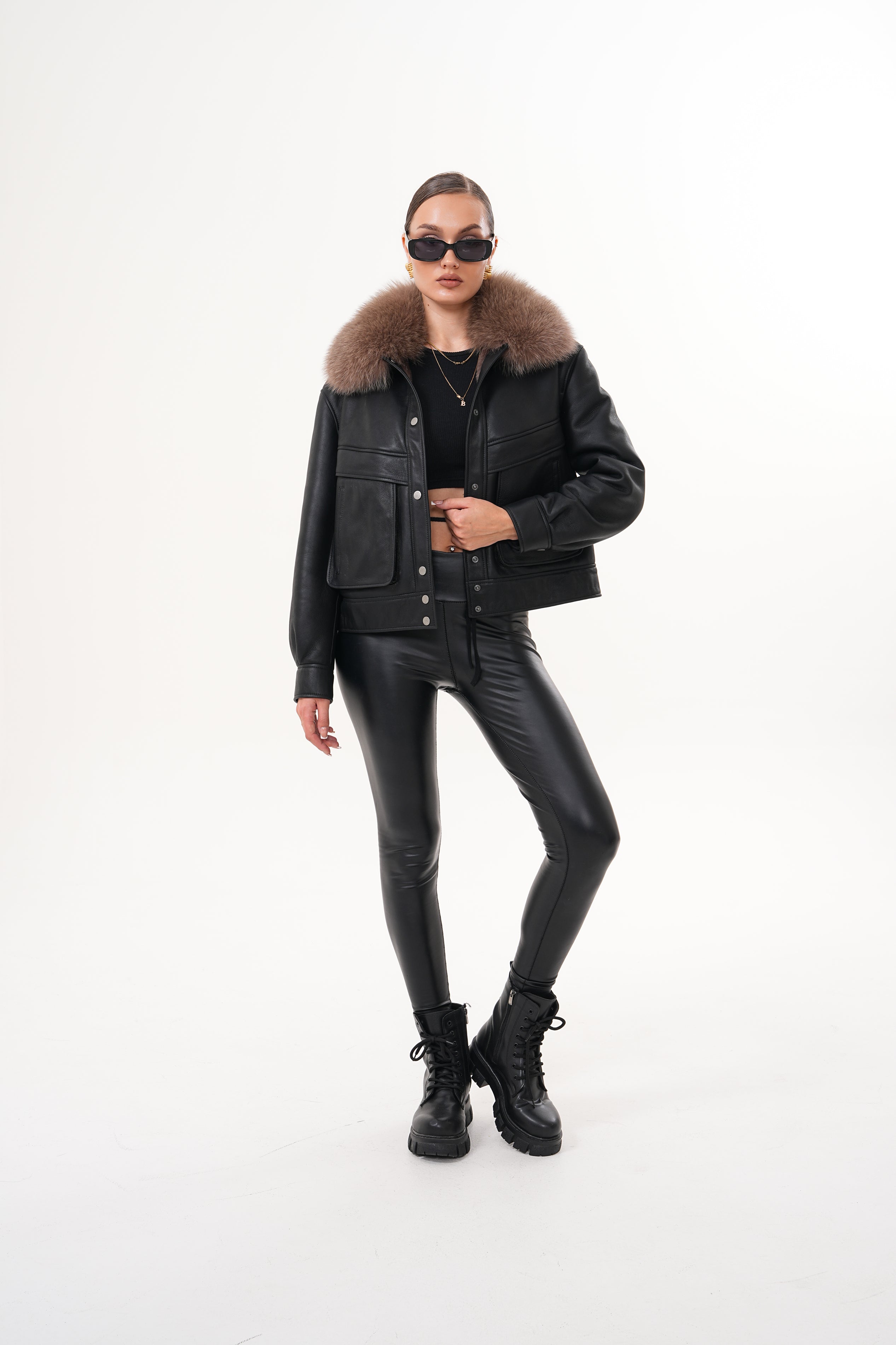 The Auretta Brown Collar Shearling Leather Jacket - Vinci Leather