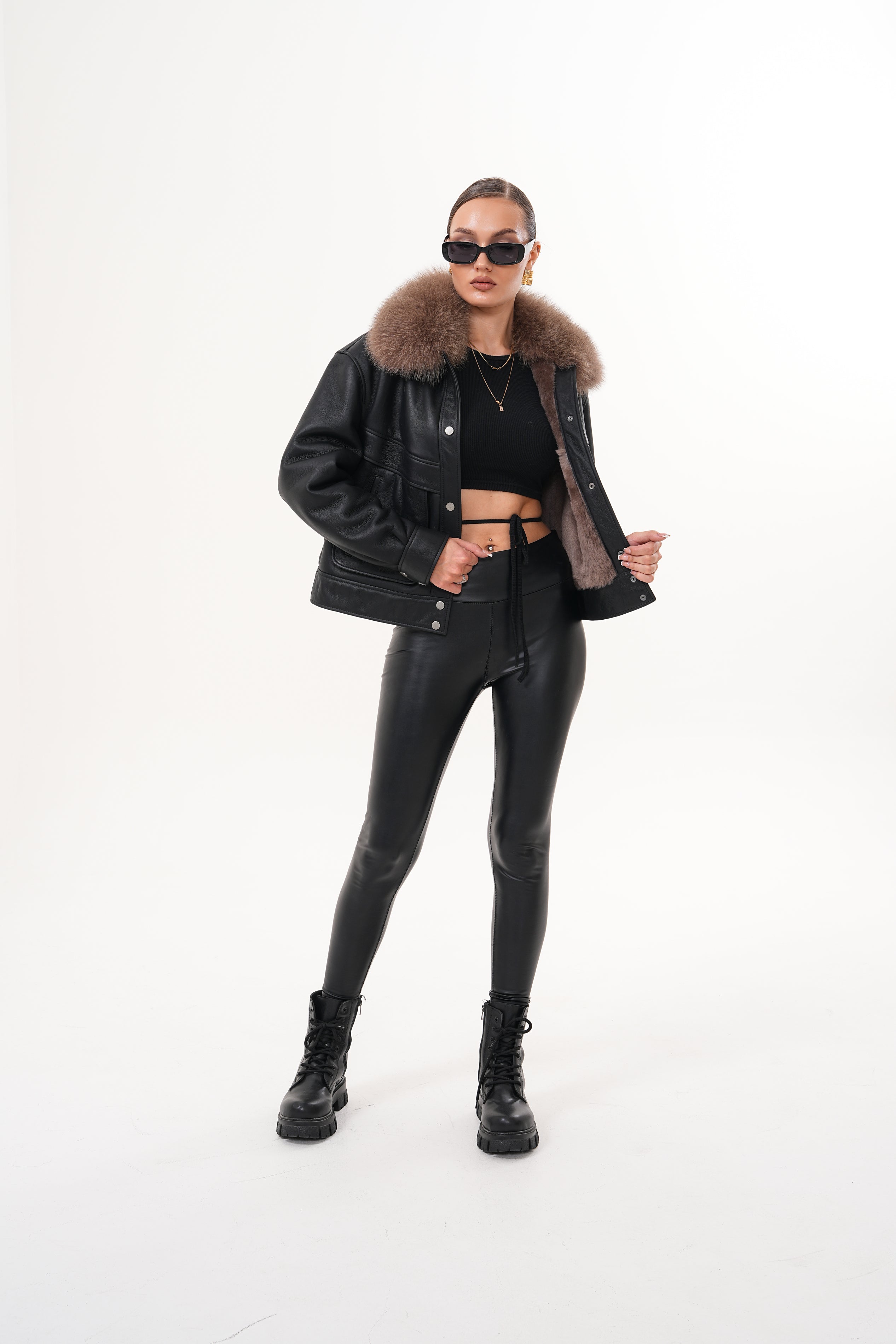 The Auretta Brown Collar Shearling Leather Jacket - Vinci Leather