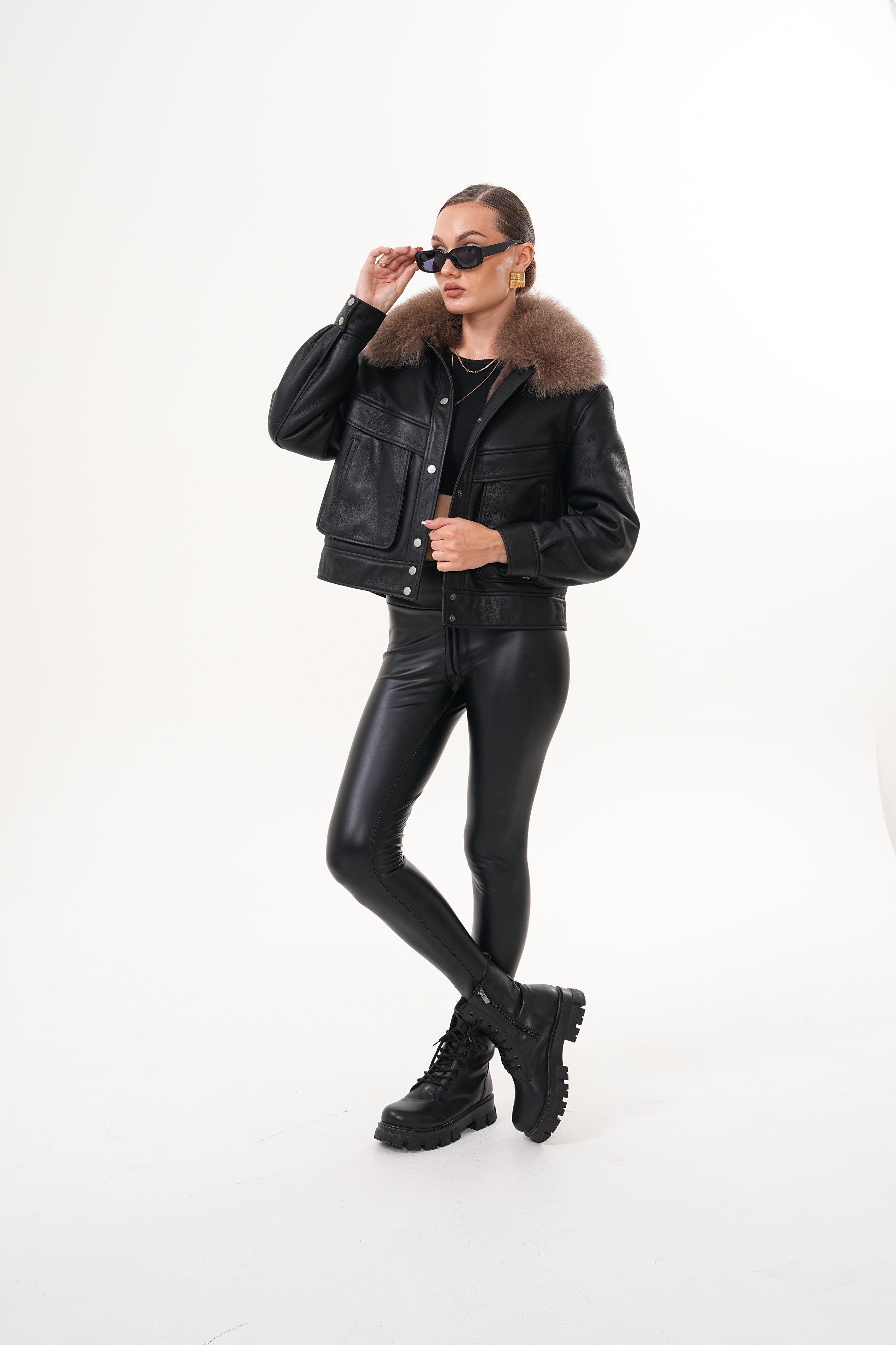 The Auretta Brown Collar Shearling Leather Jacket - Vinci Leather