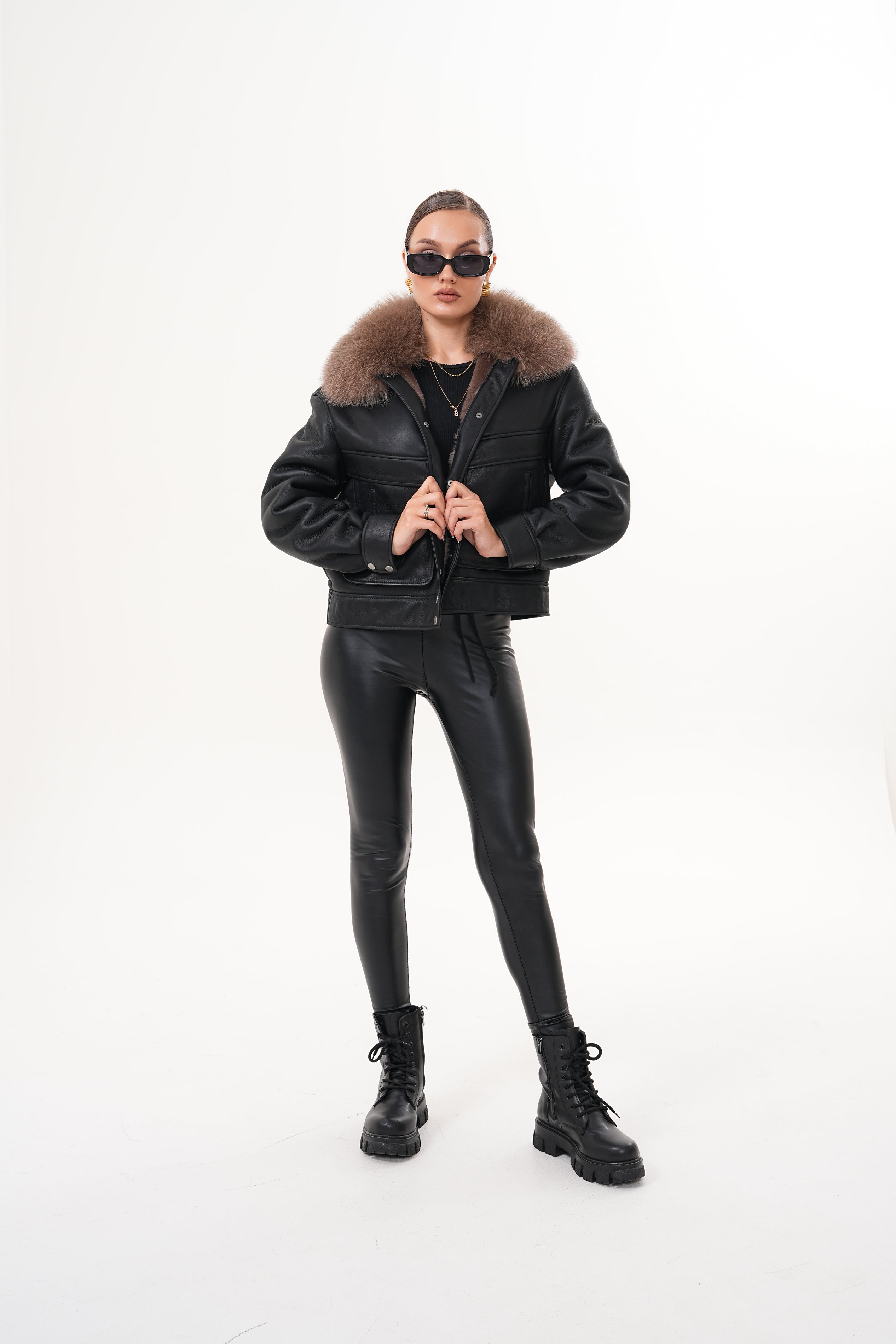 The Auretta Brown Collar Shearling Leather Jacket - Vinci Leather