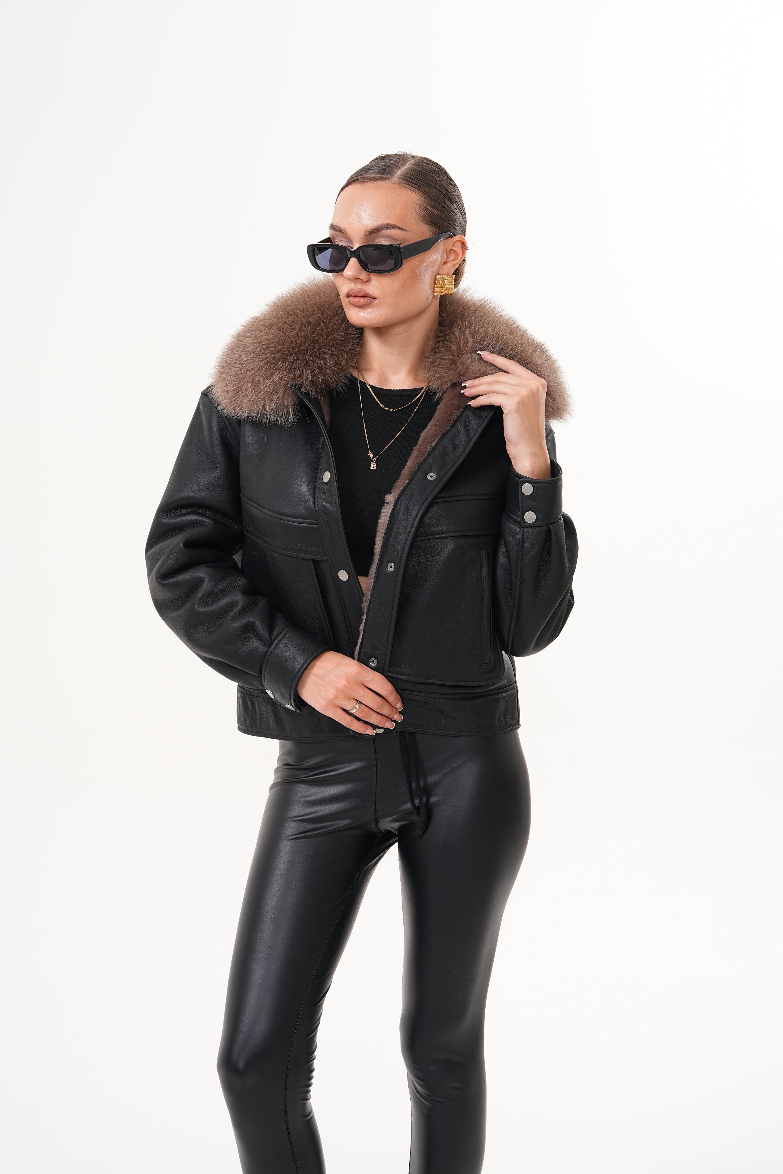 The Auretta Brown Collar Shearling Leather Jacket - Vinci Leather
