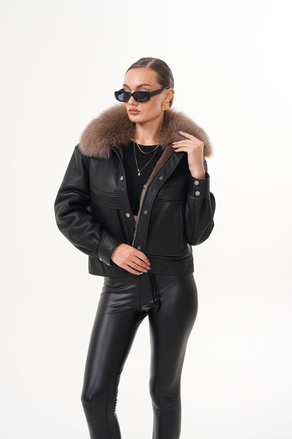 The Auretta Brown Collar Shearling Leather Jacket - Vinci Leather