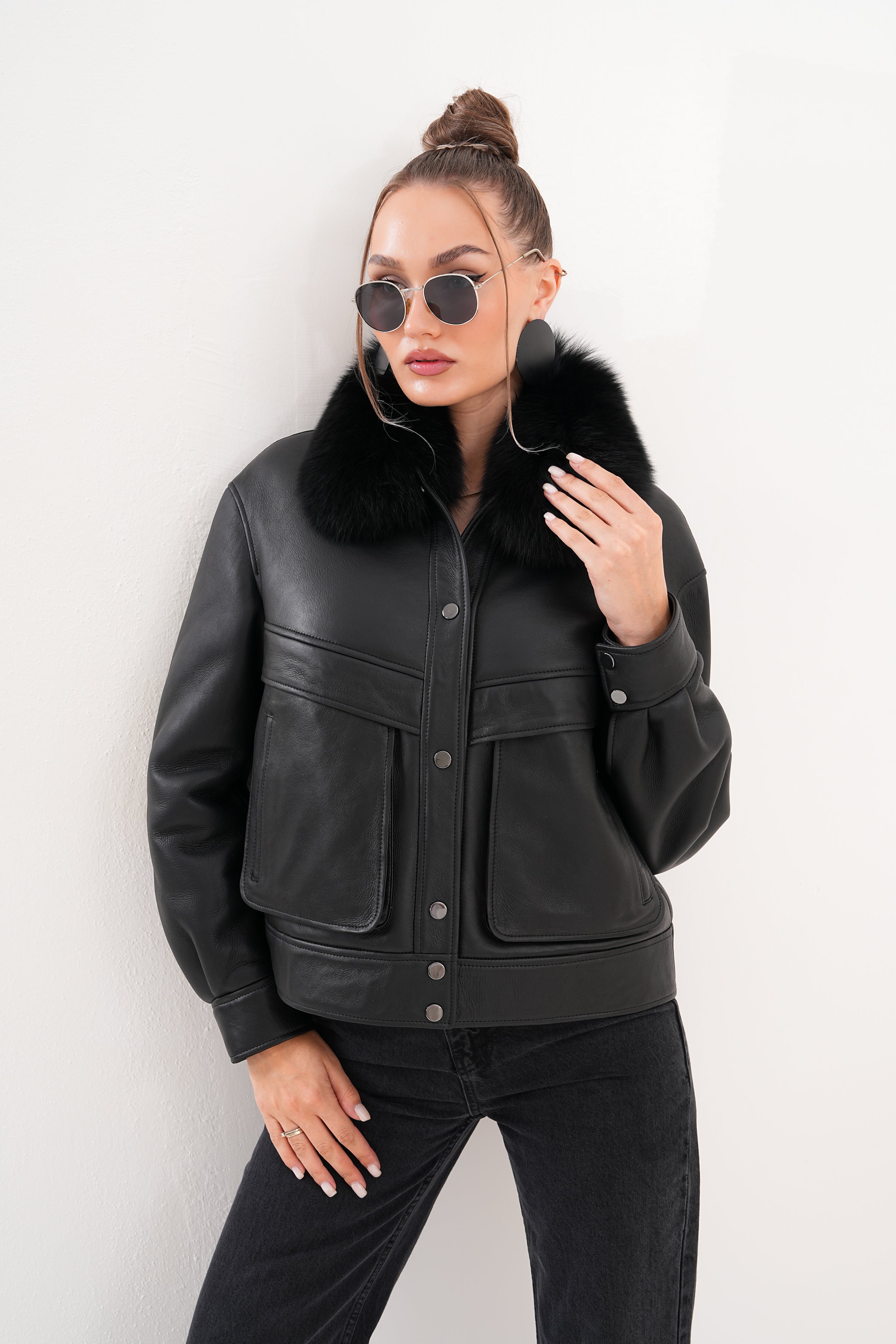The Auretta Black Shearling Leather Jacket - Vinci Leather