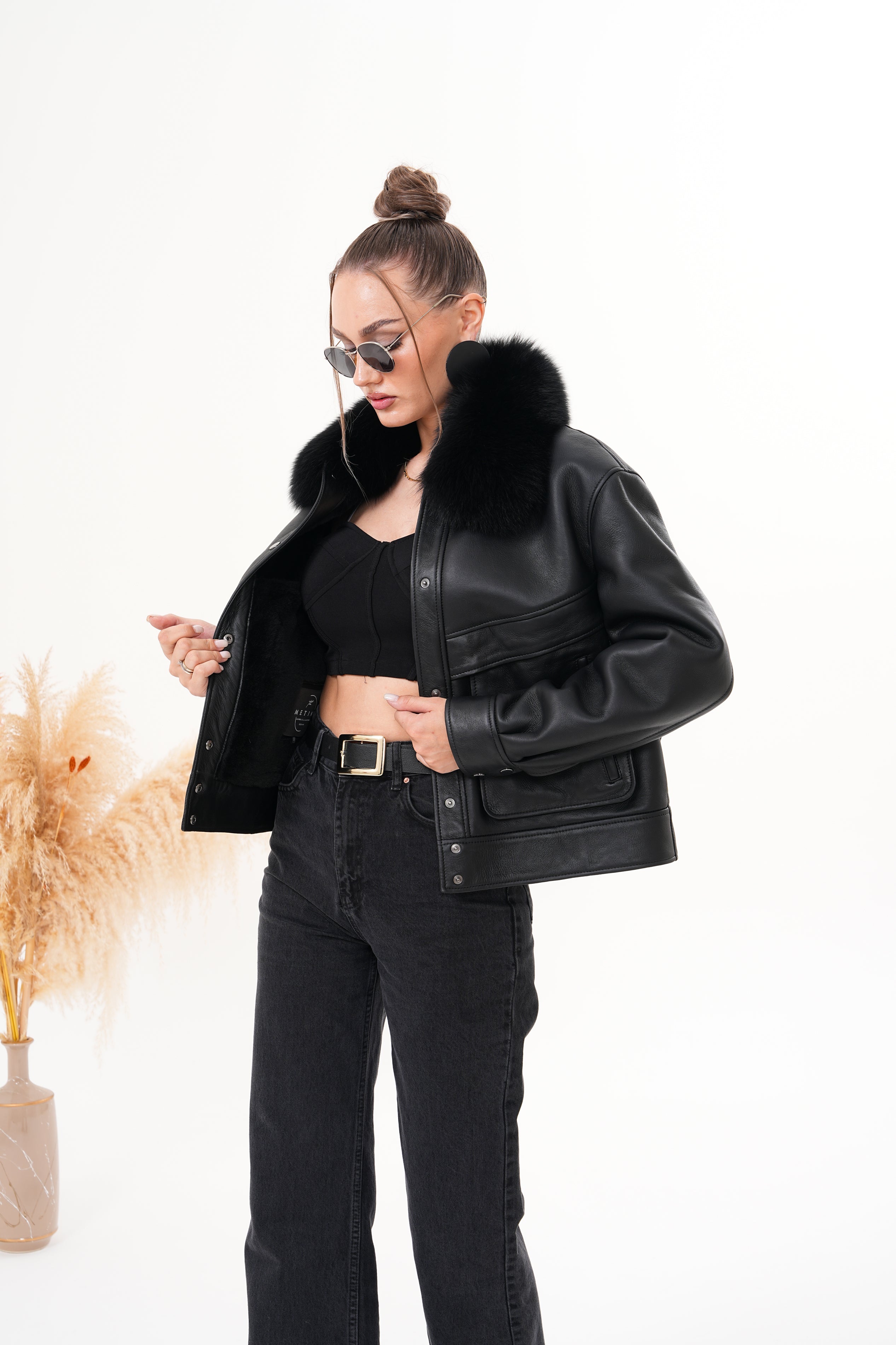 The Auretta Black Shearling Leather Jacket - Vinci Leather