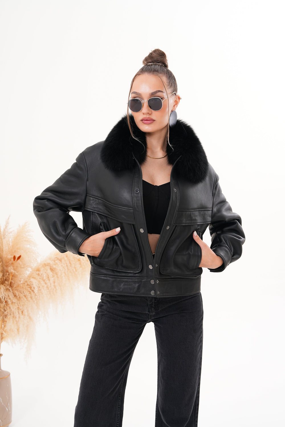 The Auretta Black Shearling Leather Jacket - Vinci Leather