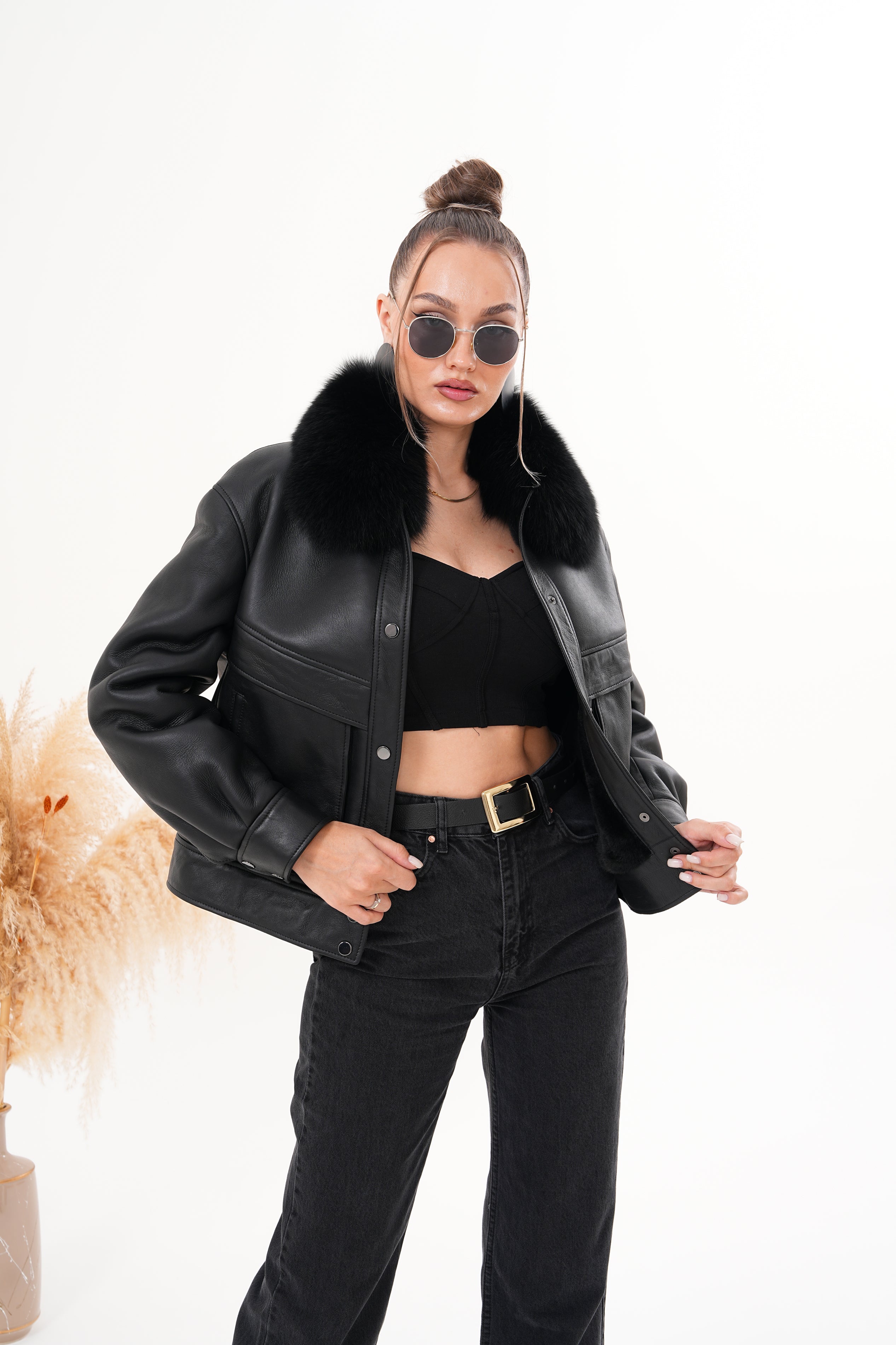 The Auretta Black Shearling Leather Jacket - Vinci Leather