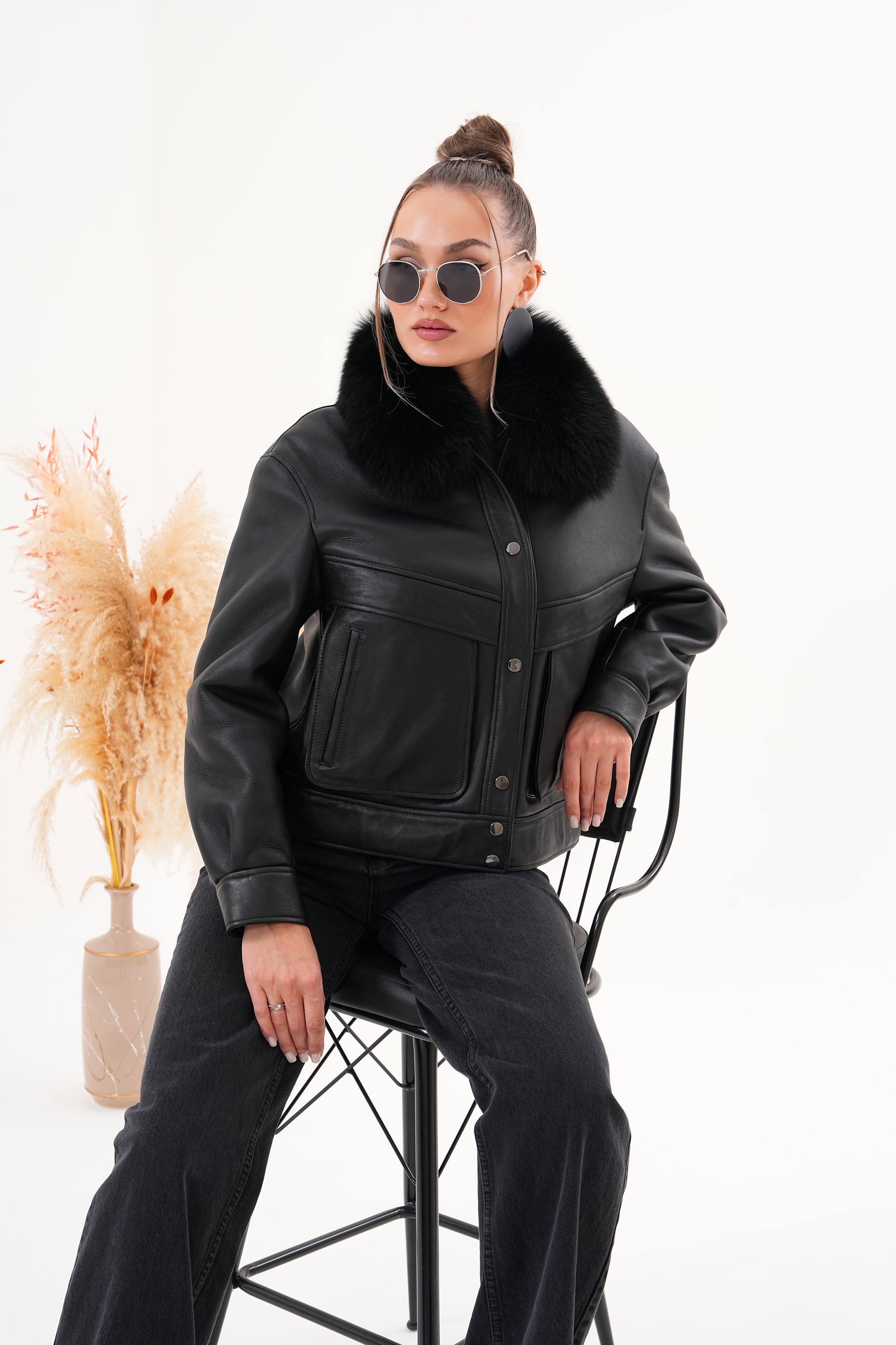 The Auretta Black Shearling Leather Jacket - Vinci Leather
