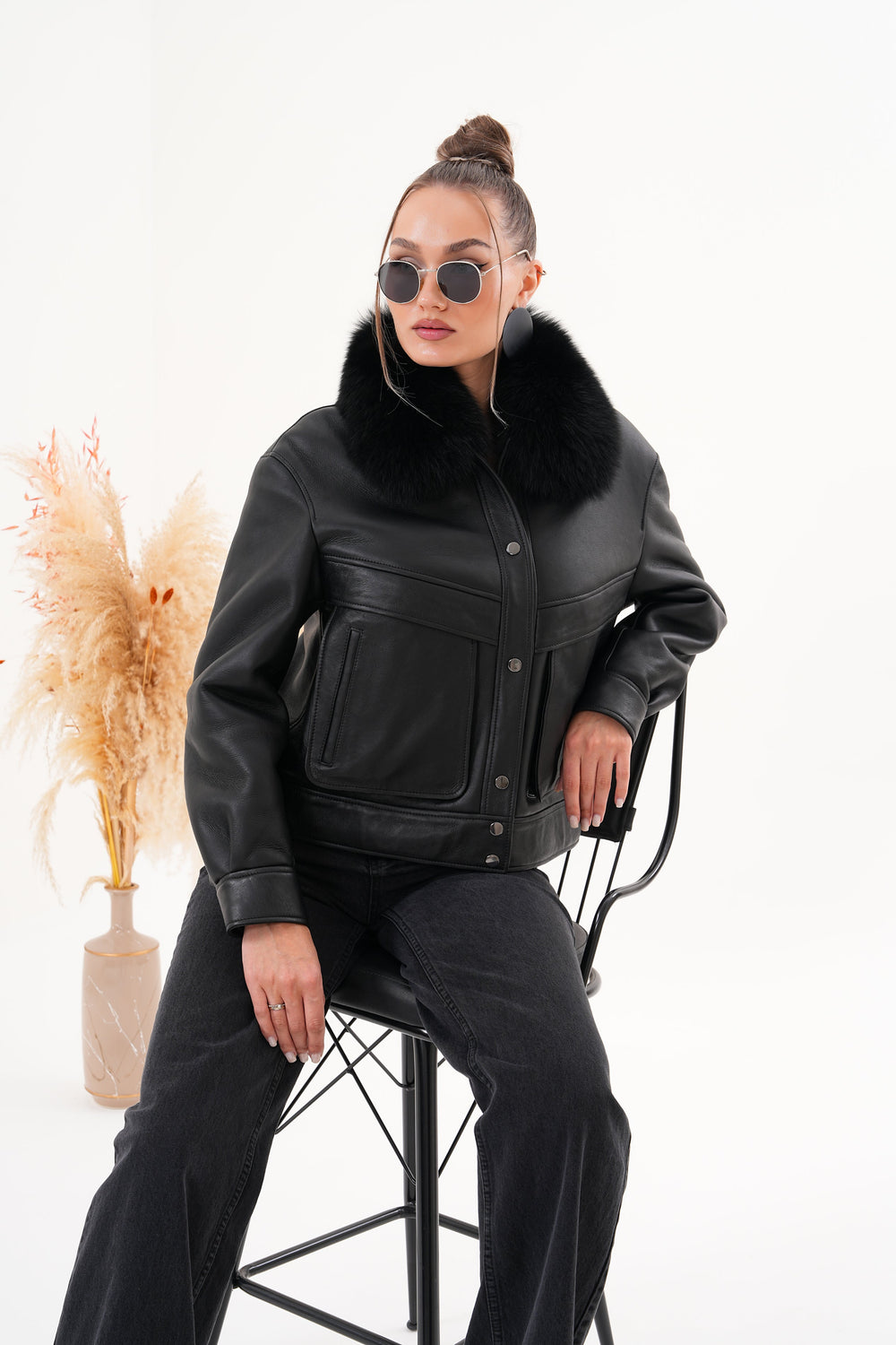 The Auretta Black Shearling Leather Jacket - Vinci Leather
