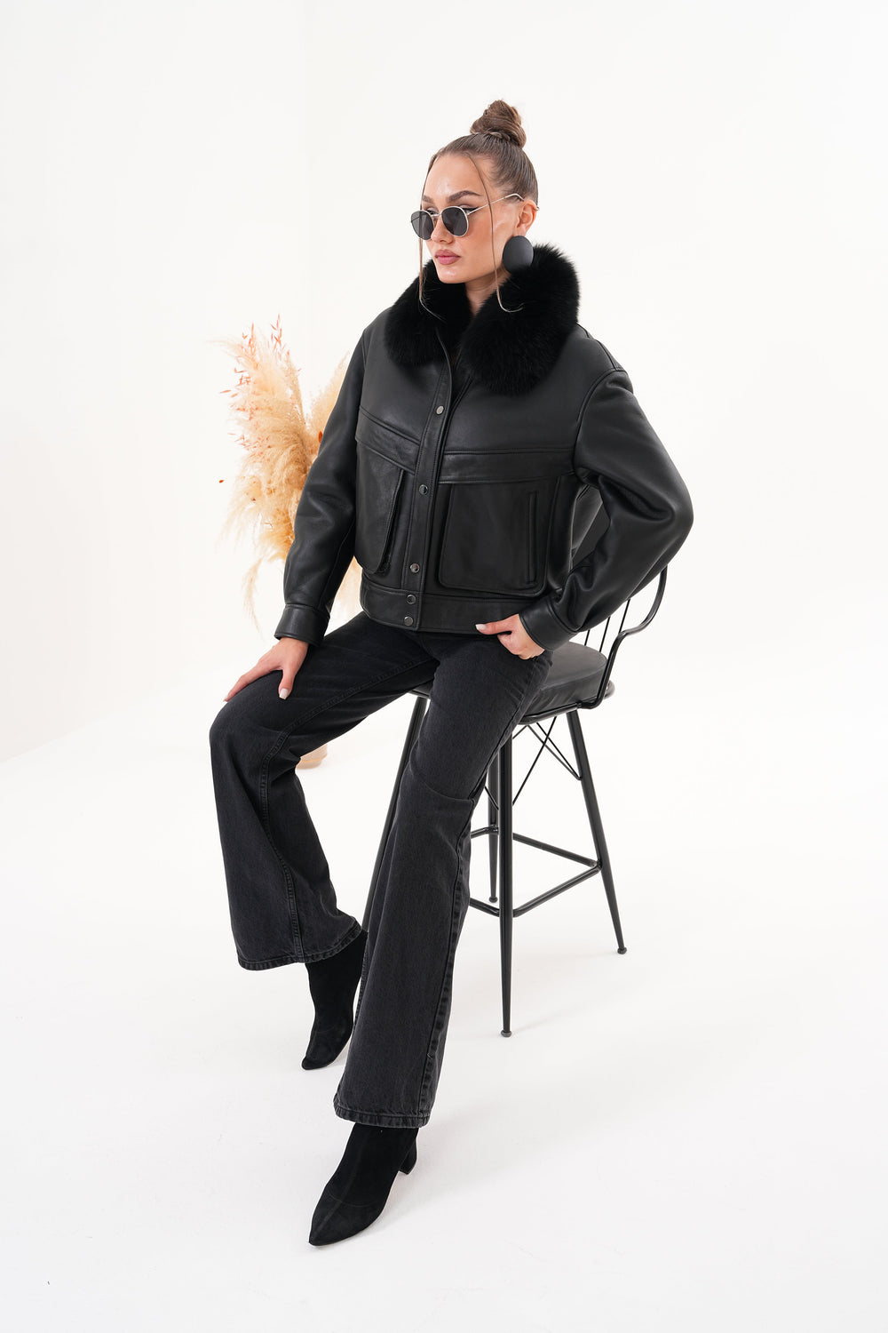 The Auretta Black Shearling Leather Jacket - Vinci Leather