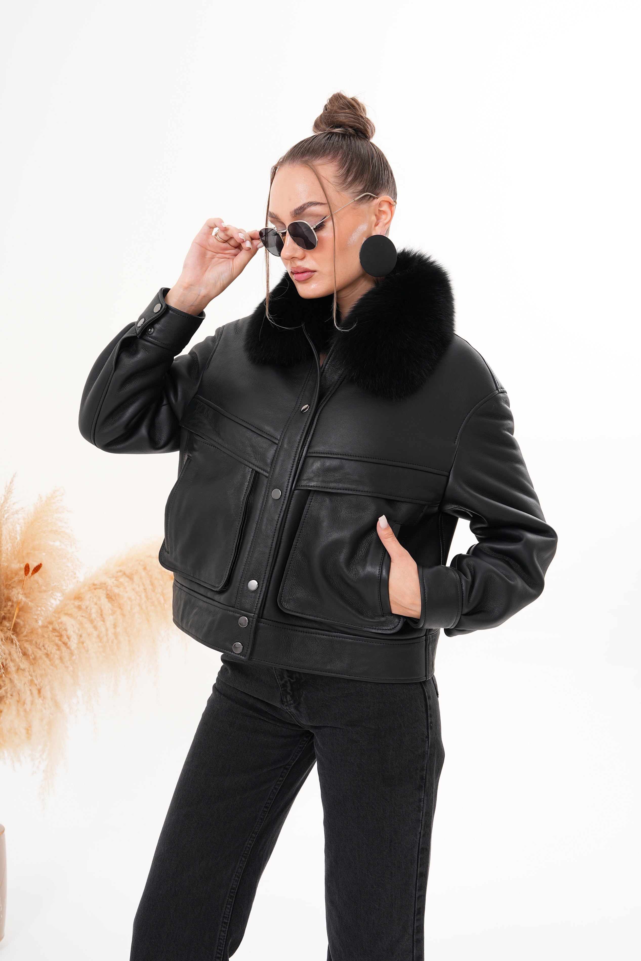 The Auretta Black Shearling Leather Jacket - Vinci Leather