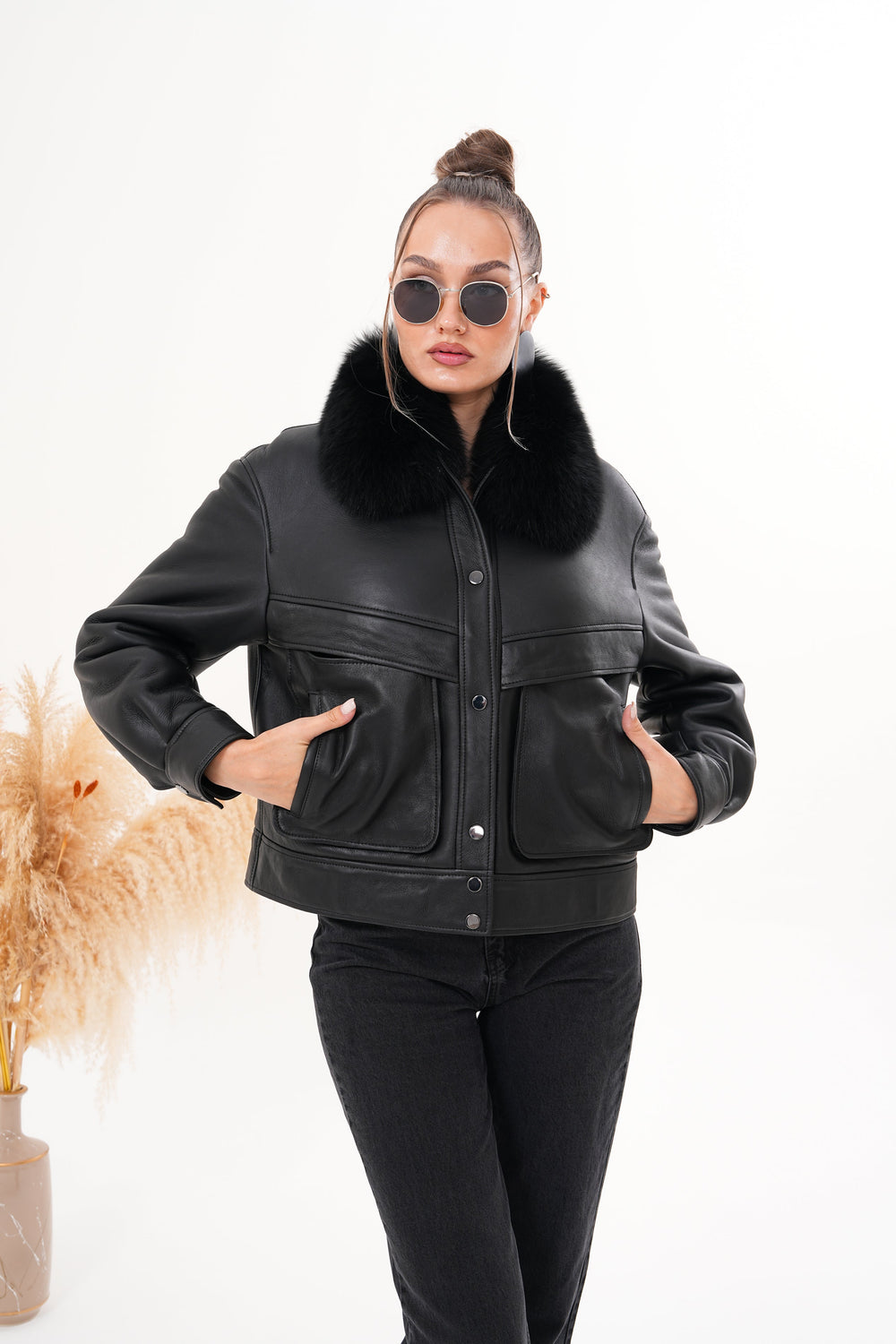 The Auretta Black Shearling Leather Jacket - Vinci Leather