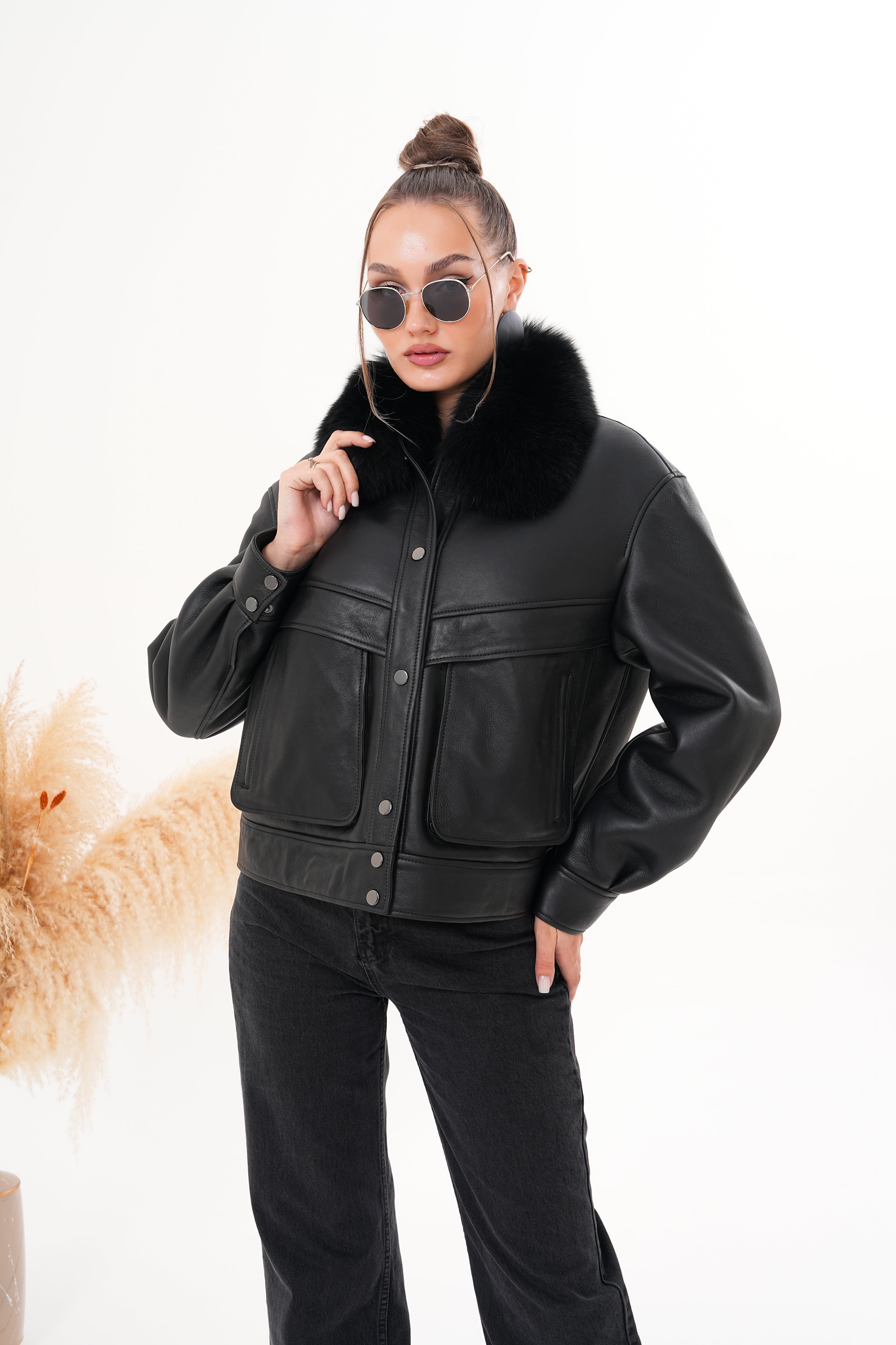 The Auretta Black Shearling Leather Jacket - Vinci Leather