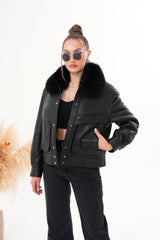 The Auretta Black Shearling Leather Jacket - Vinci Leather