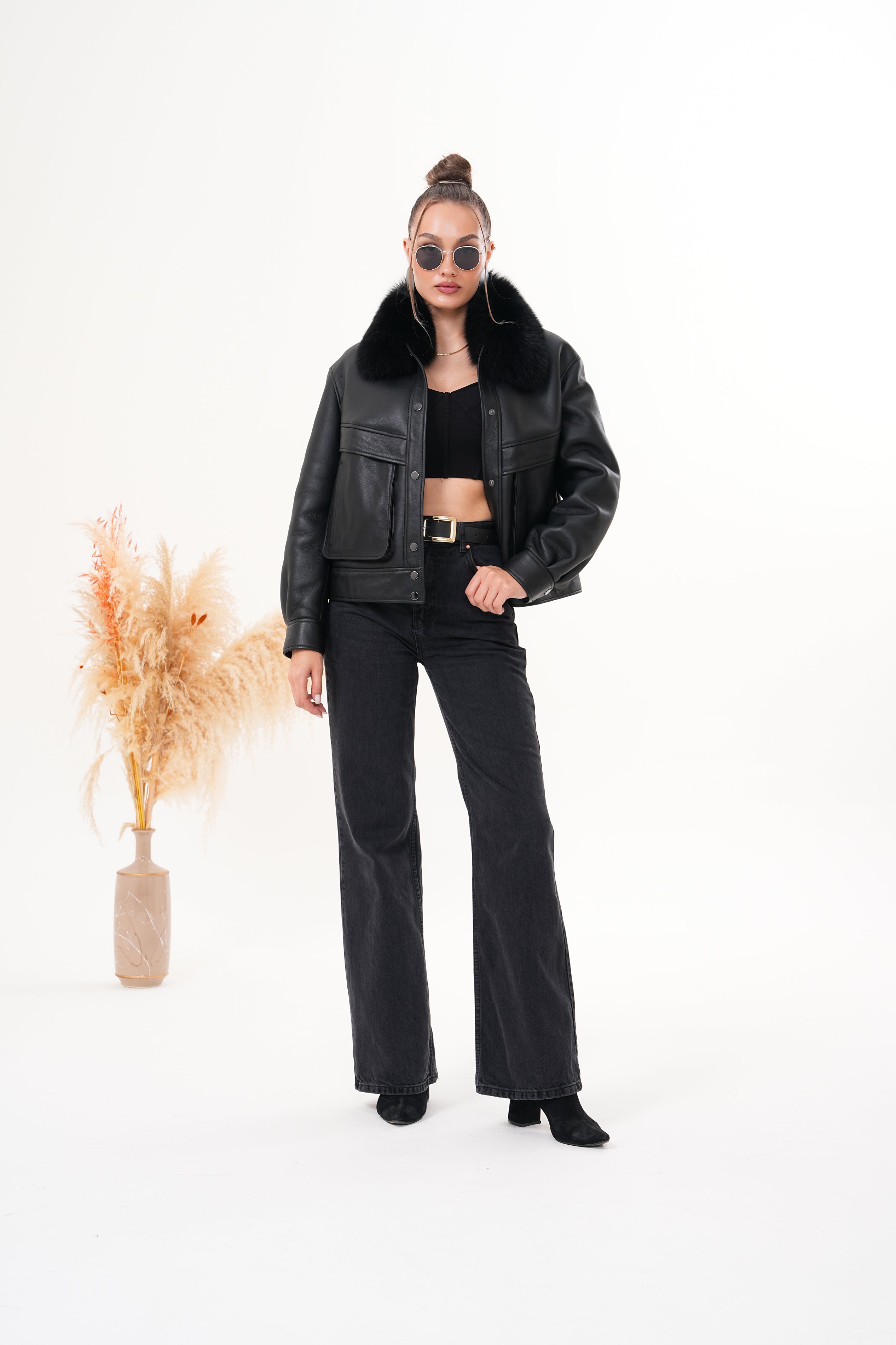 The Auretta Black Shearling Leather Jacket - Vinci Leather