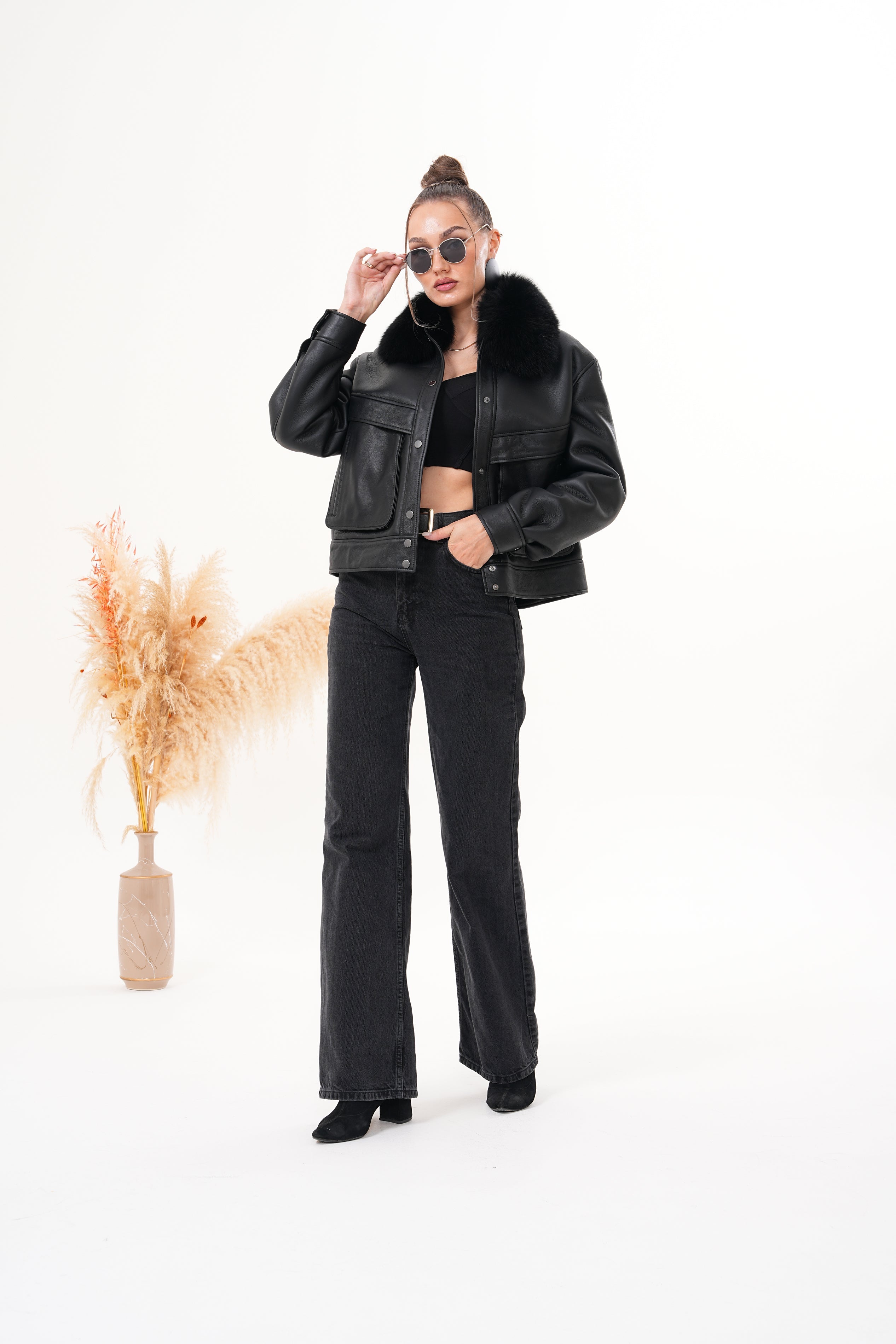The Auretta Black Shearling Leather Jacket - Vinci Leather