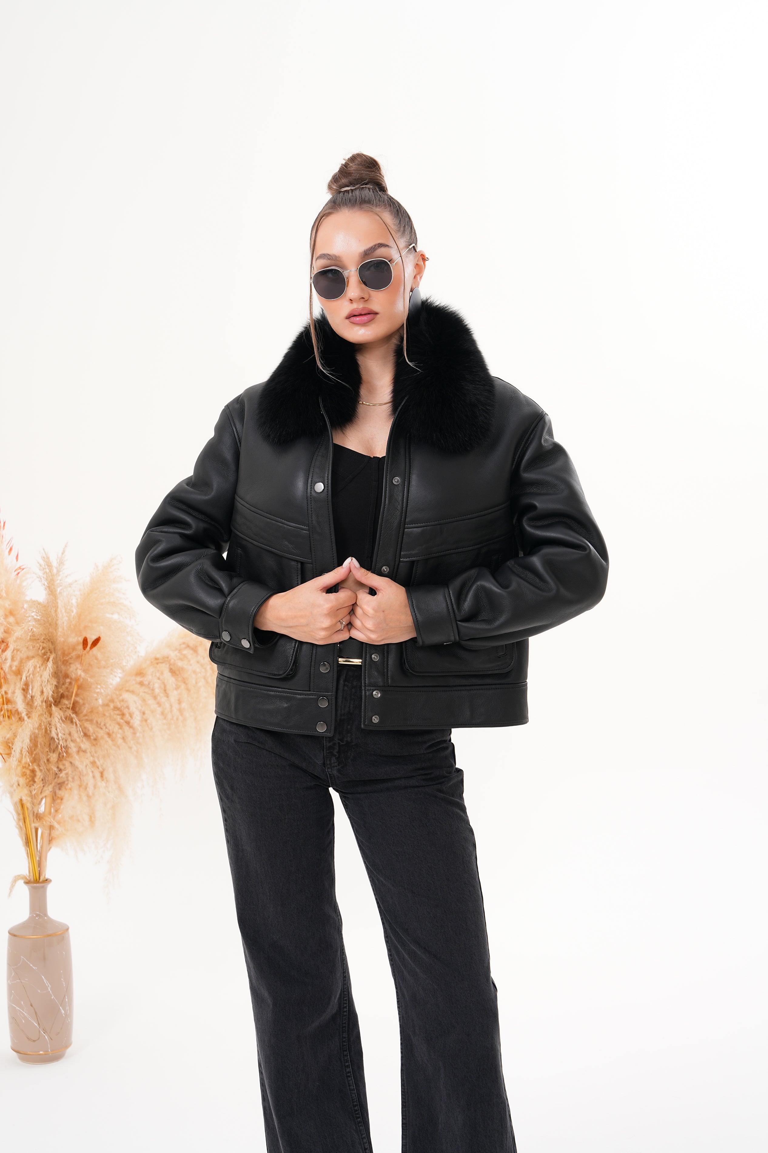 The Auretta Black Shearling Leather Jacket - Vinci Leather
