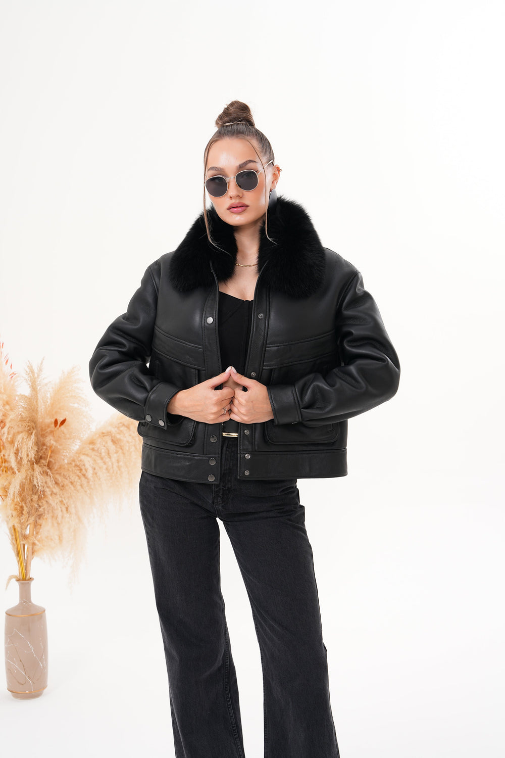 The Auretta Black Shearling Leather Jacket - Vinci Leather