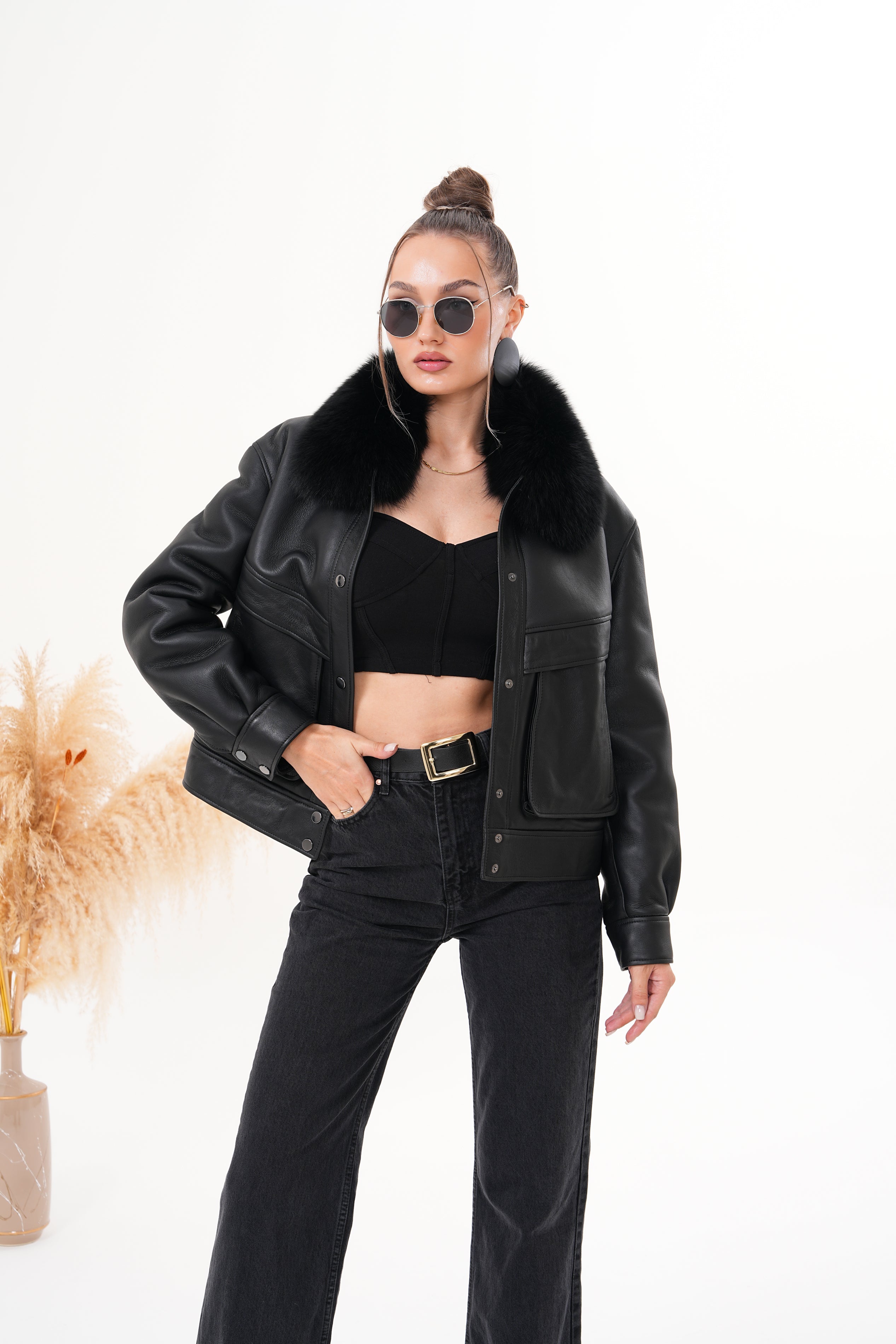 The Auretta Black Shearling Leather Jacket - Vinci Leather