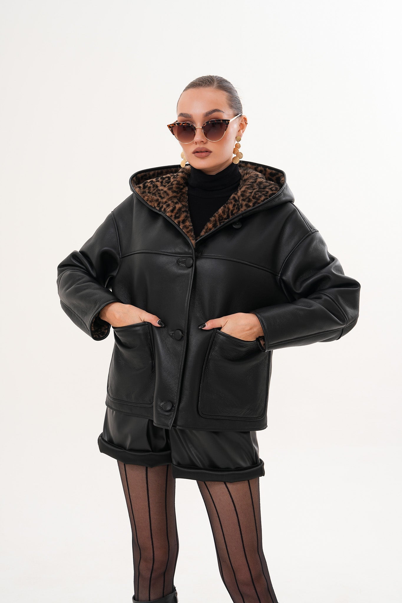 The Arlena Black \u0026amp; Leopard Shearling Leather Jacket - Vinci Leather