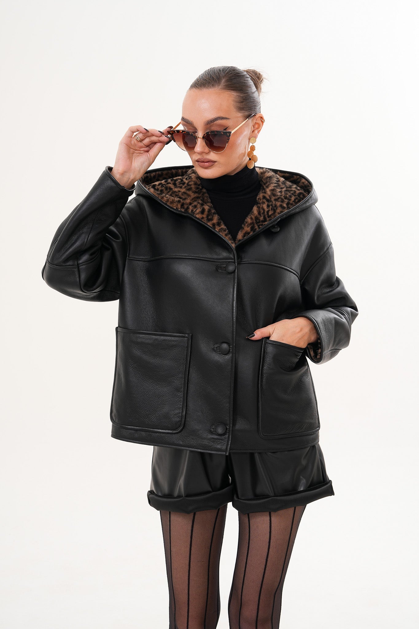 The Arlena Black \u0026amp; Leopard Shearling Leather Jacket - Vinci Leather