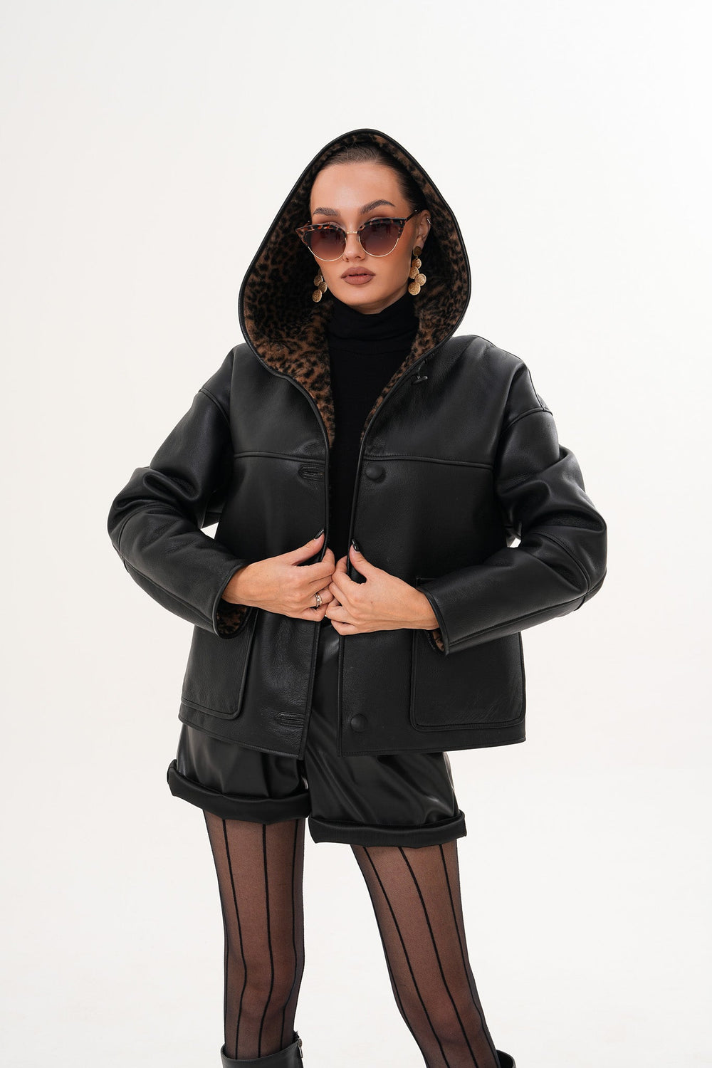 The Arlena Black \u0026amp; Leopard Shearling Leather Jacket - Vinci Leather