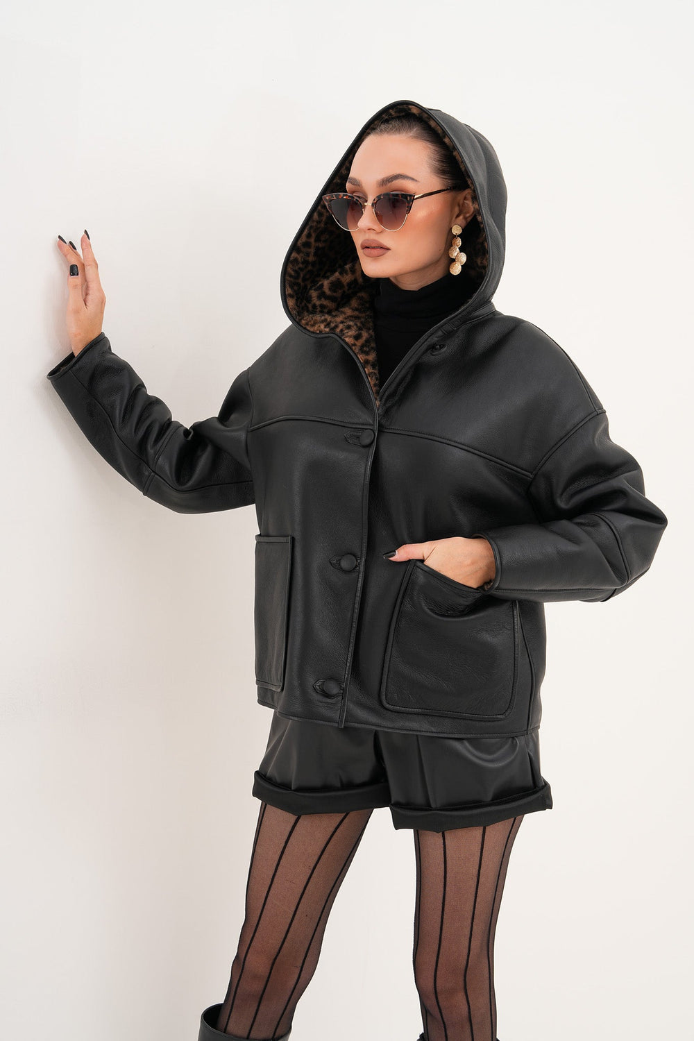 The Arlena Black \u0026amp; Leopard Shearling Leather Jacket - Vinci Leather