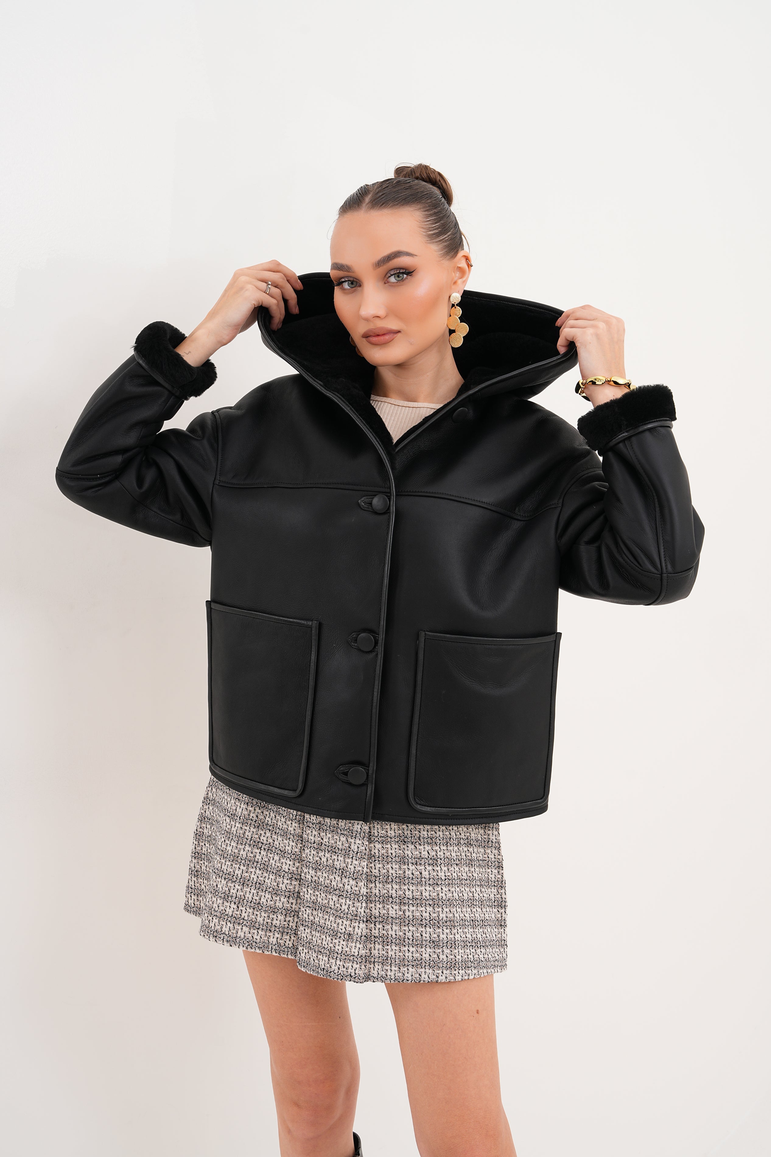 The Arlena Black Shearling Leather Jacket - Vinci Leather