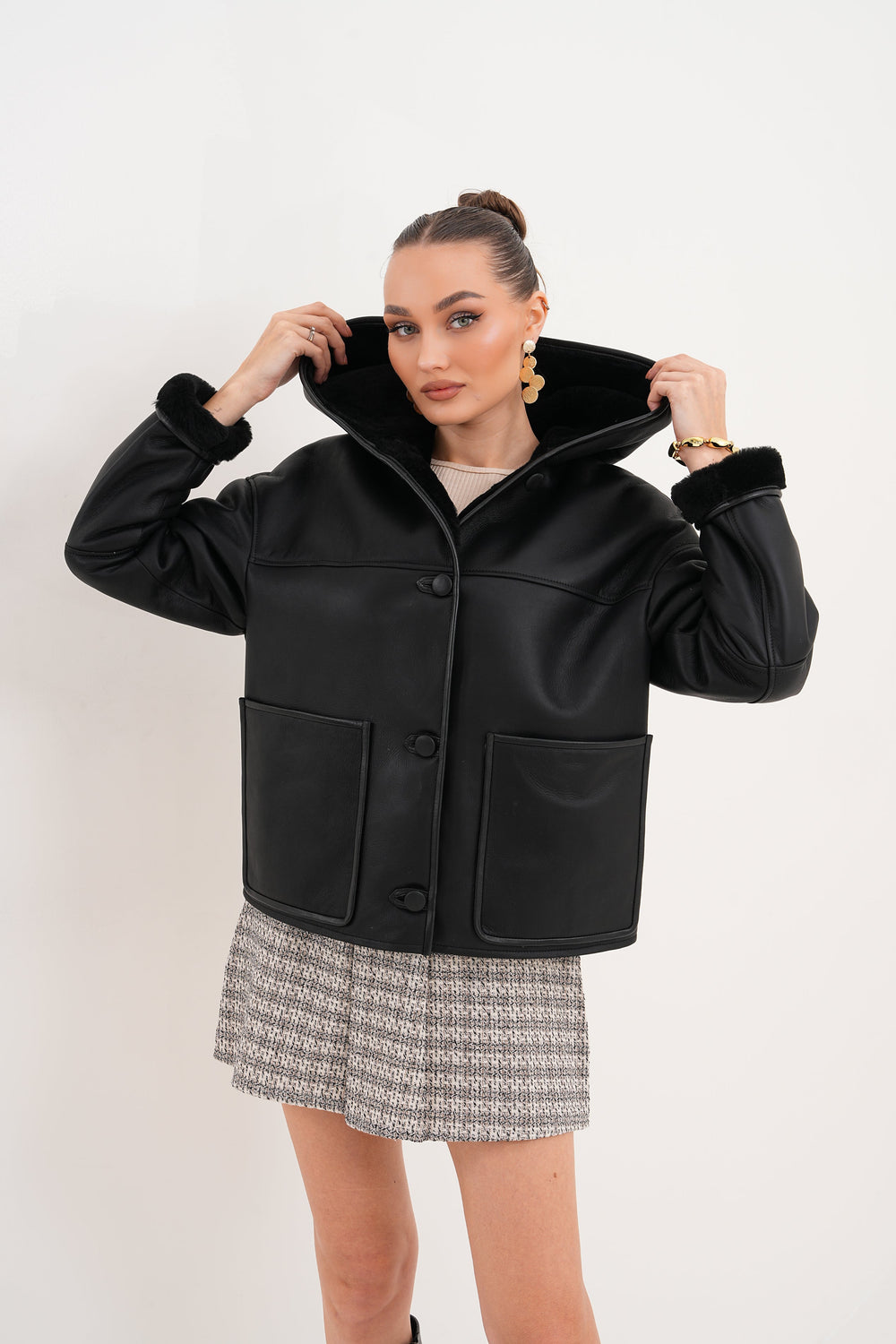The Arlena Black Shearling Leather Jacket - Vinci Leather
