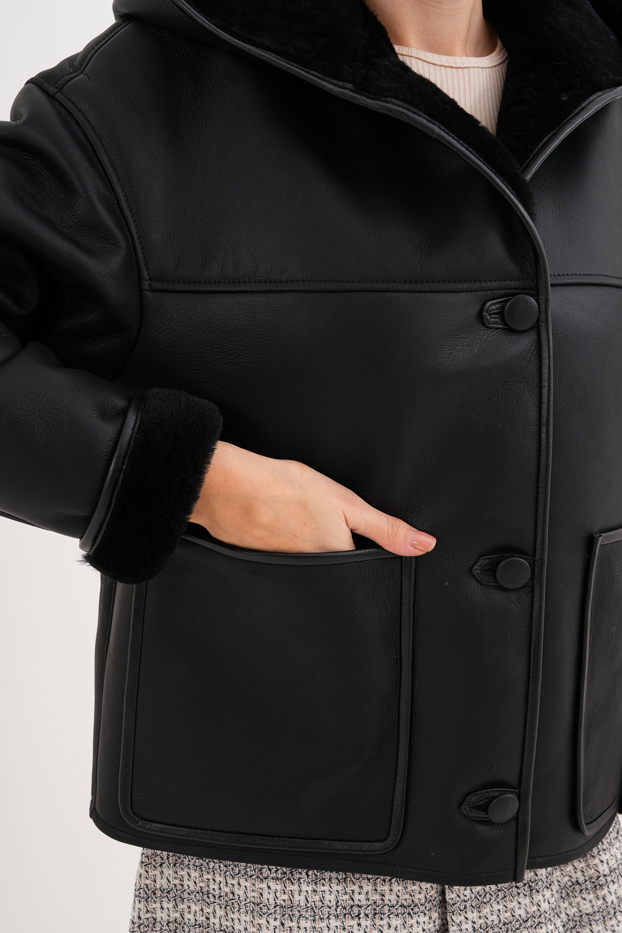 The Arlena Black Shearling Leather Jacket - Vinci Leather