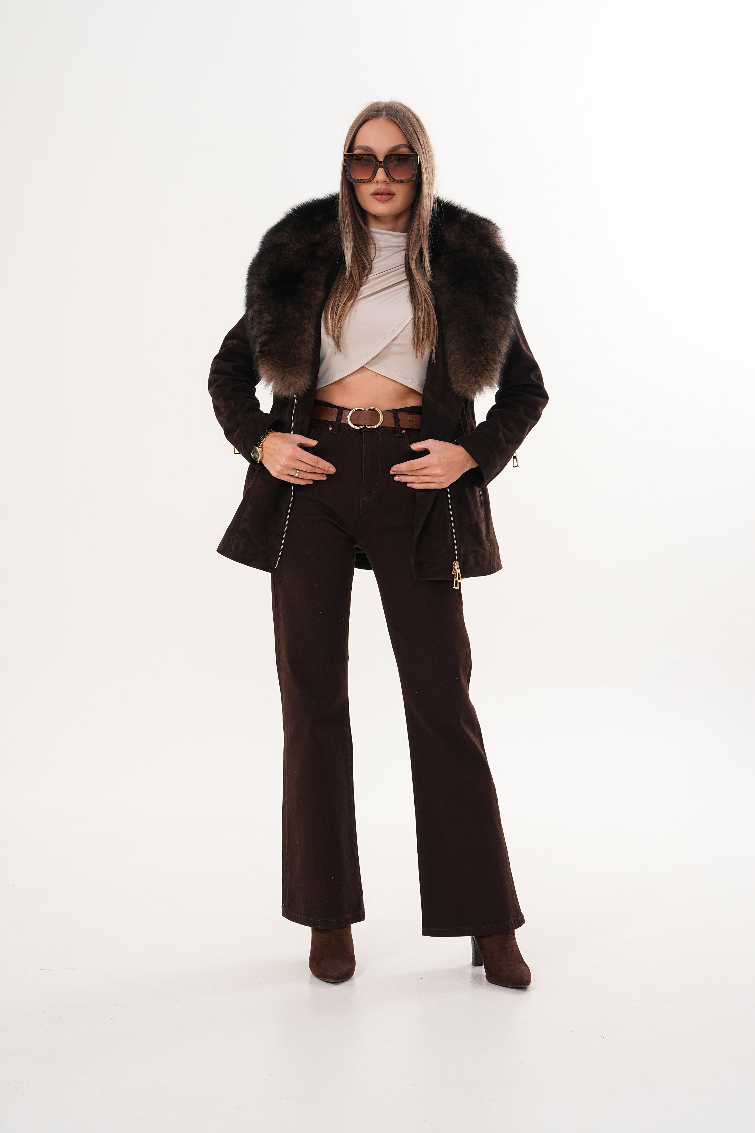 The Alessia Brown Leather Fox Fur Jacket - Vinci Leather
