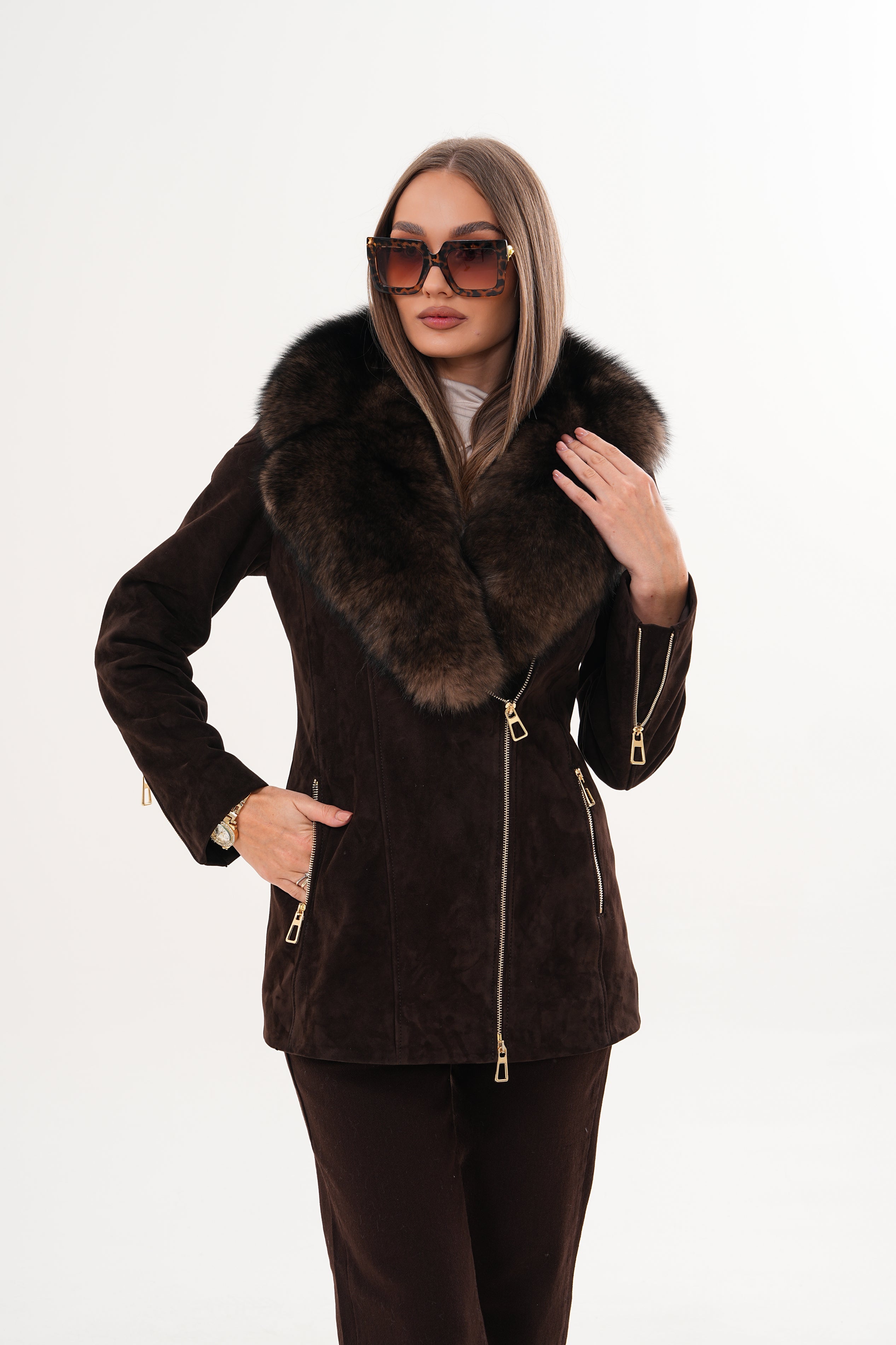 The Alessia Brown Leather Fox Fur Jacket - Vinci Leather