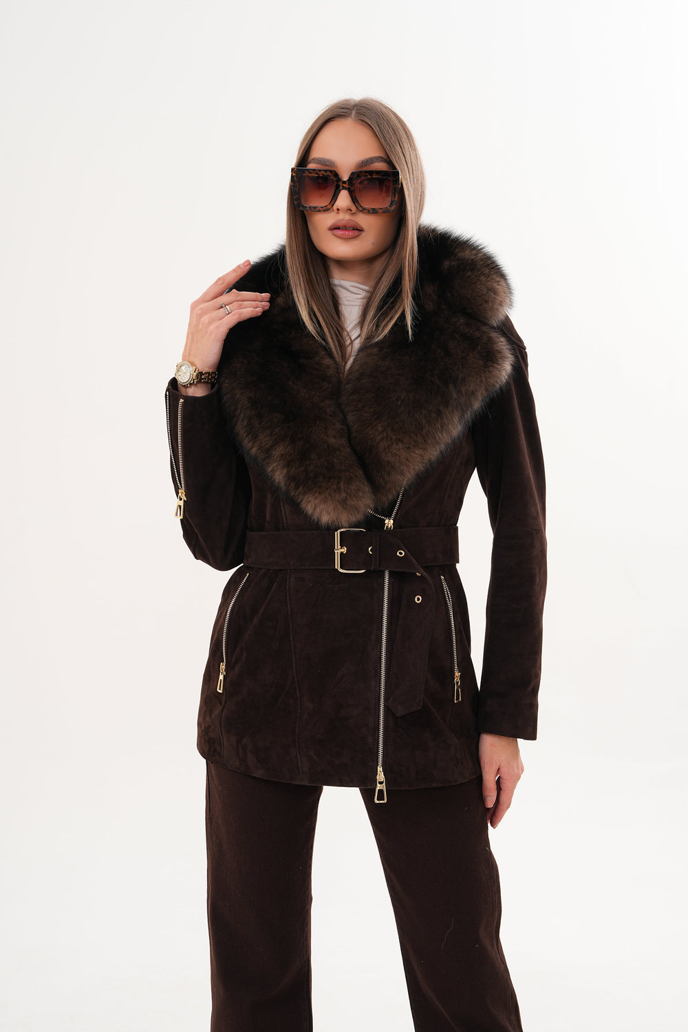 The Alessia Brown Leather Fox Fur Jacket - Vinci Leather