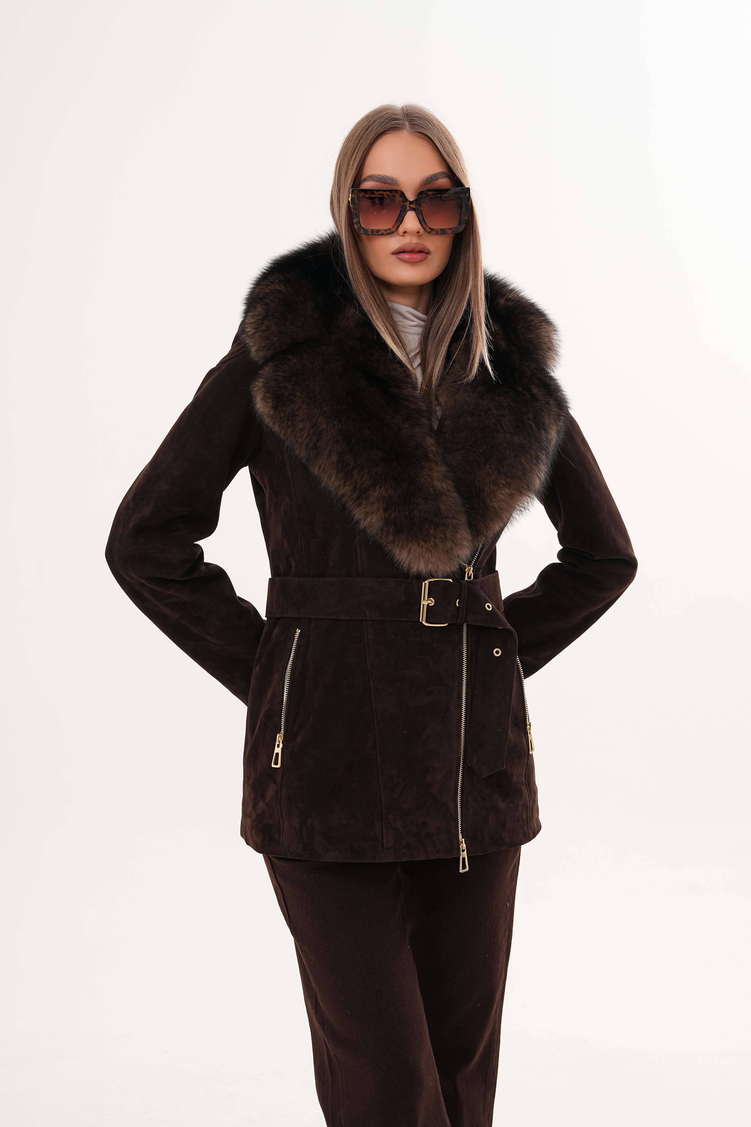 The Alessia Brown Leather Fox Fur Jacket - Vinci Leather
