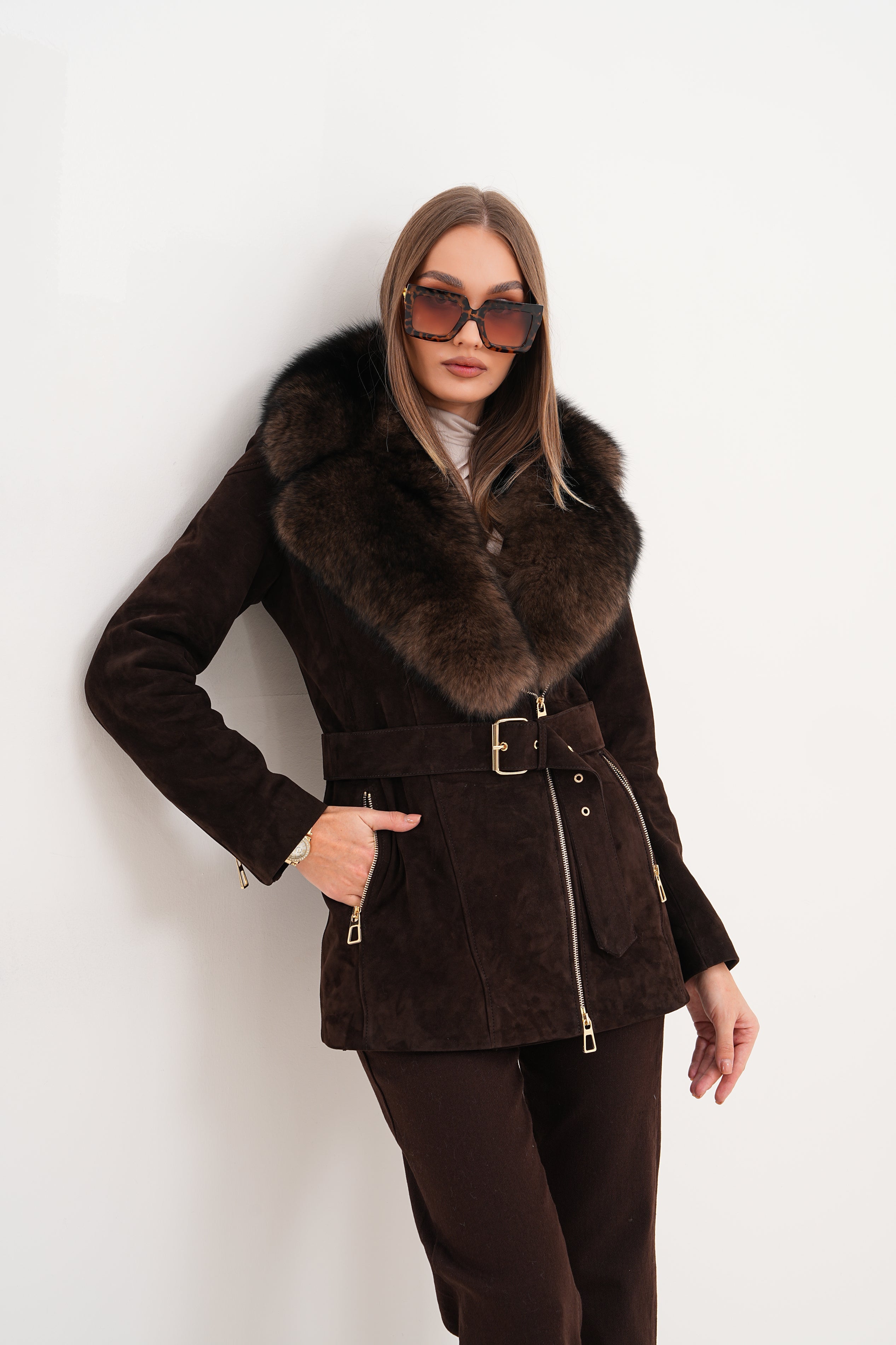 The Alessia Brown Leather Fox Fur Jacket - Vinci Leather