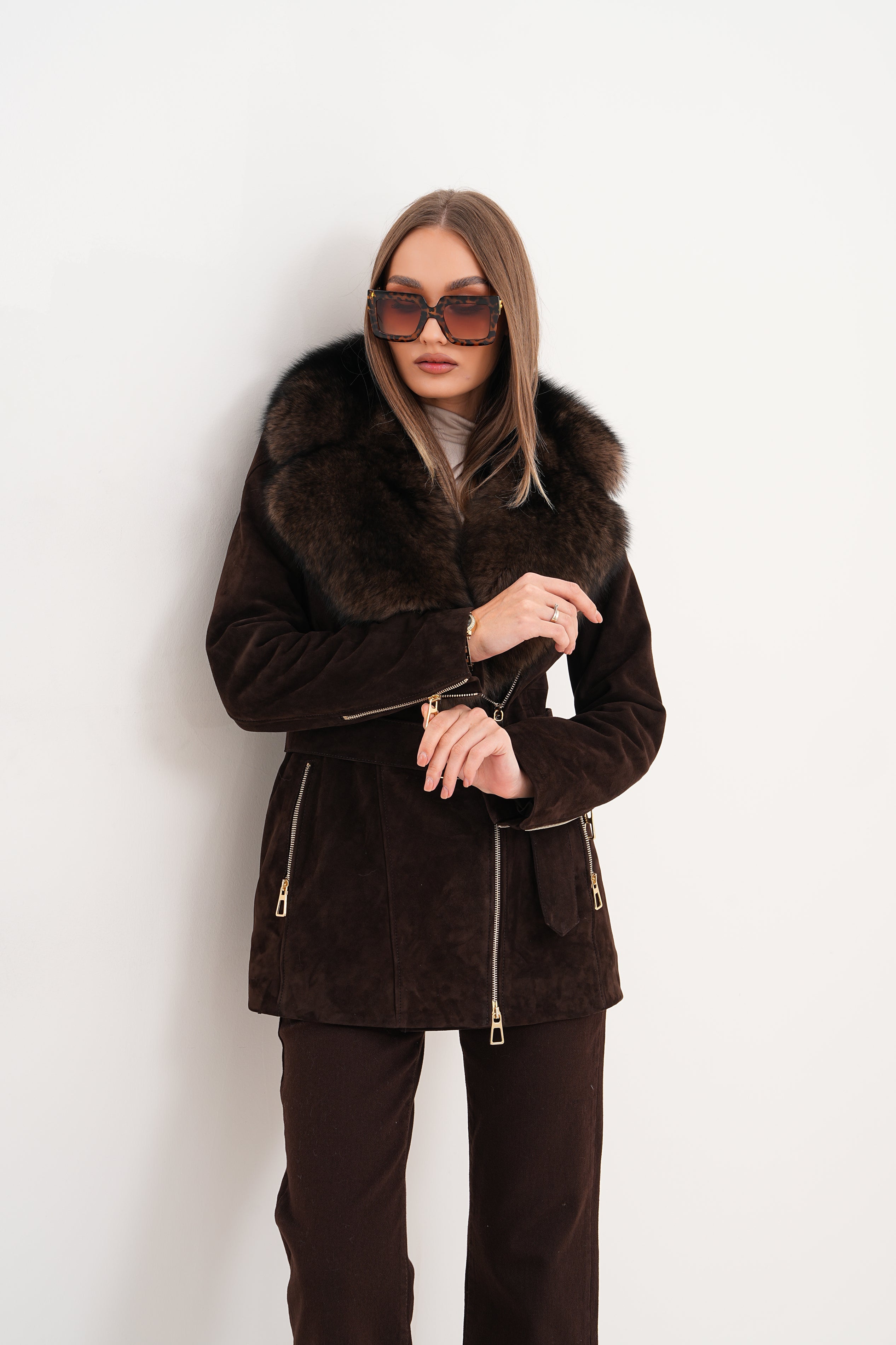 The Alessia Brown Leather Fox Fur Jacket - Vinci Leather