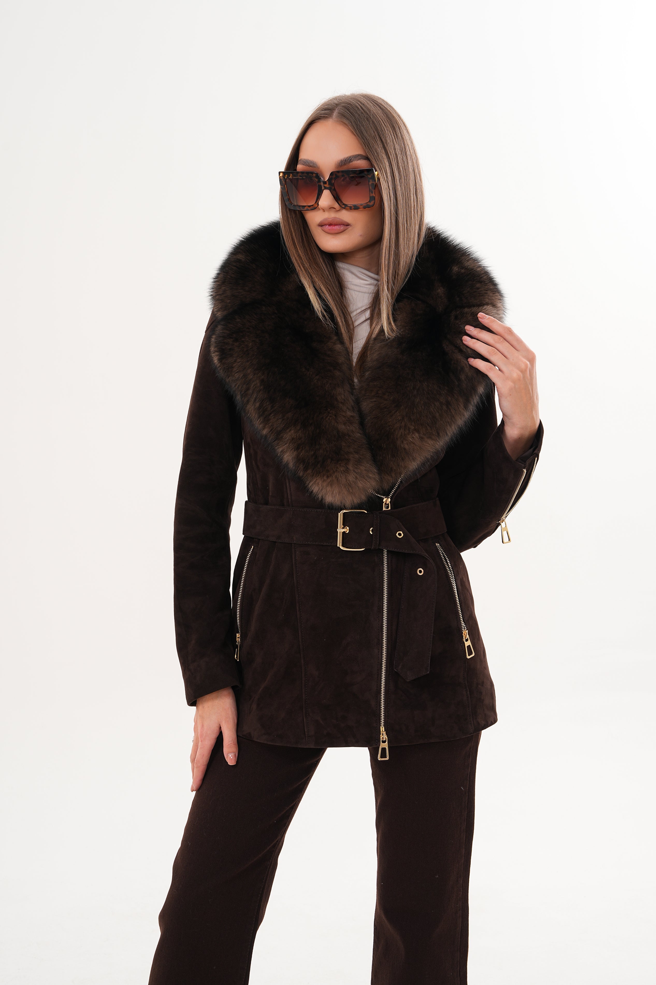 The Alessia Brown Leather Fox Fur Jacket - Vinci Leather