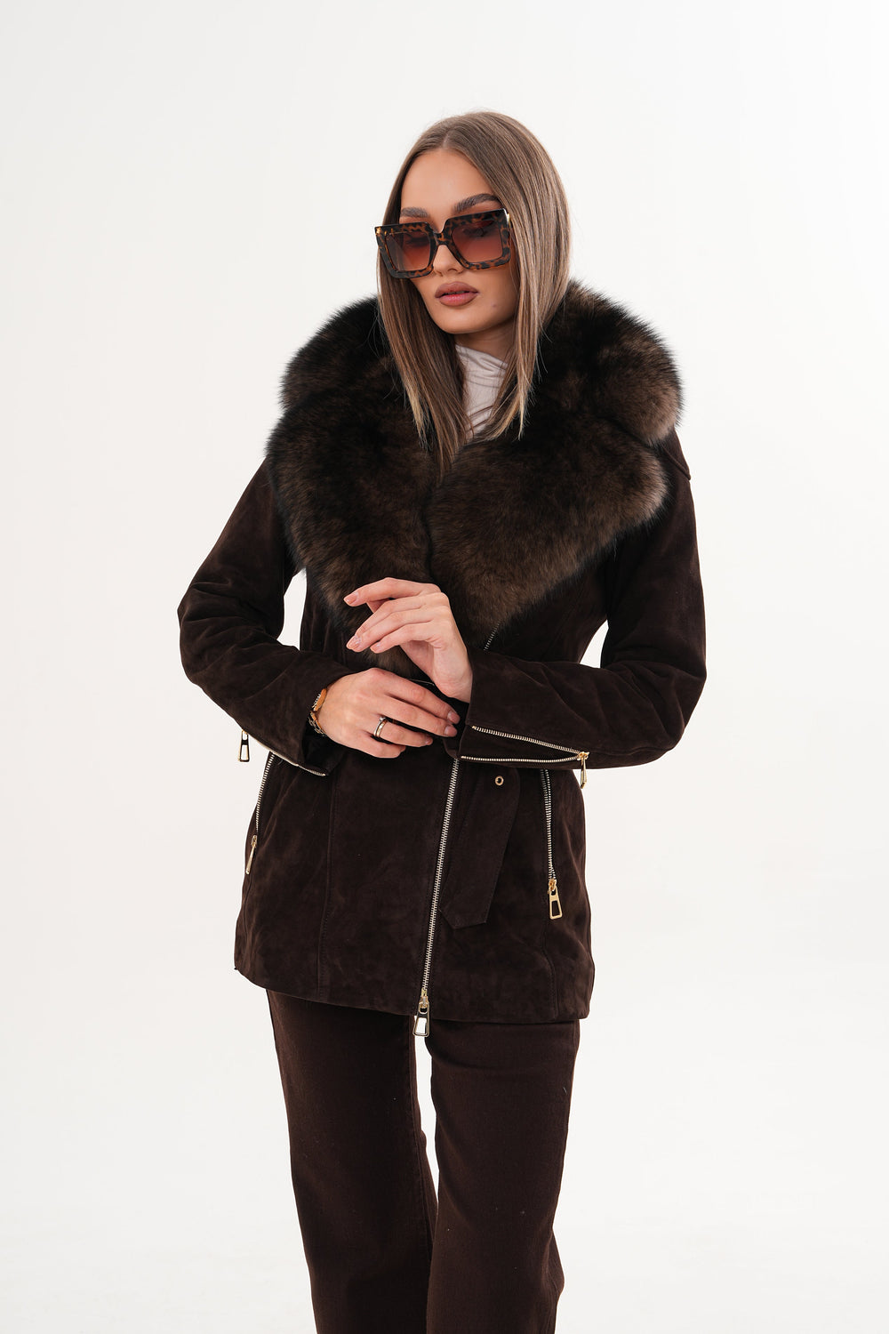 The Alessia Brown Leather Fox Fur Jacket - Vinci Leather