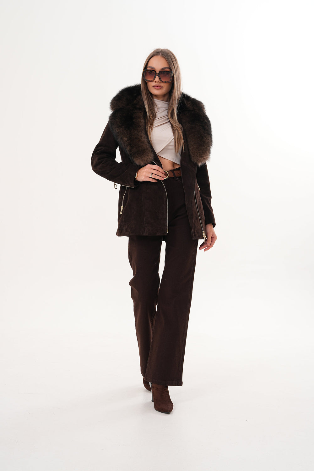 The Alessia Brown Leather Fox Fur Jacket - Vinci Leather